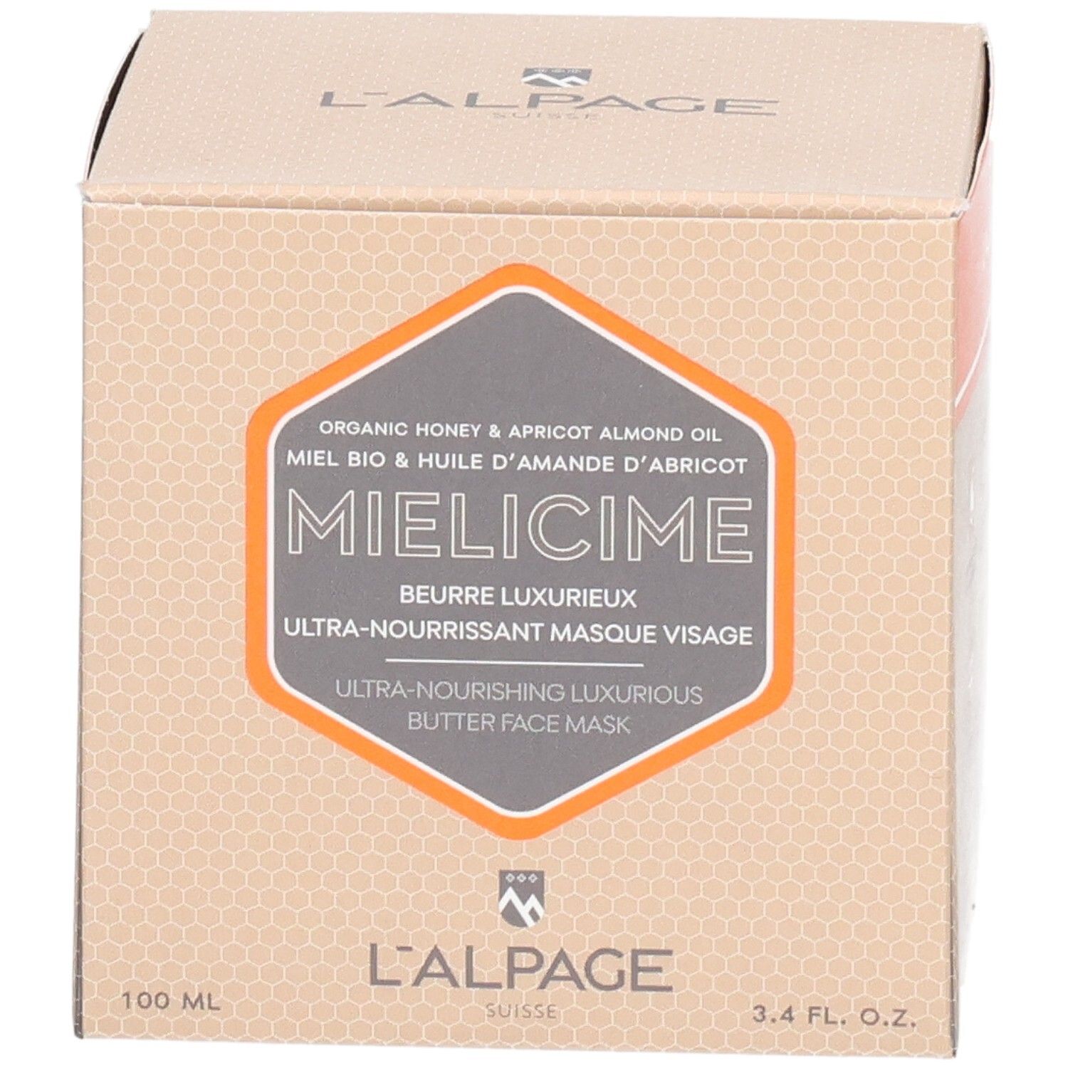 Karton mit Produktaufdruck. Text: Mielicime, Ultra-pflegende Gesichtsmaske. Marke: L'ALPAGE. Honig & Aprikosenkernöl. 3.4 fl. oz.