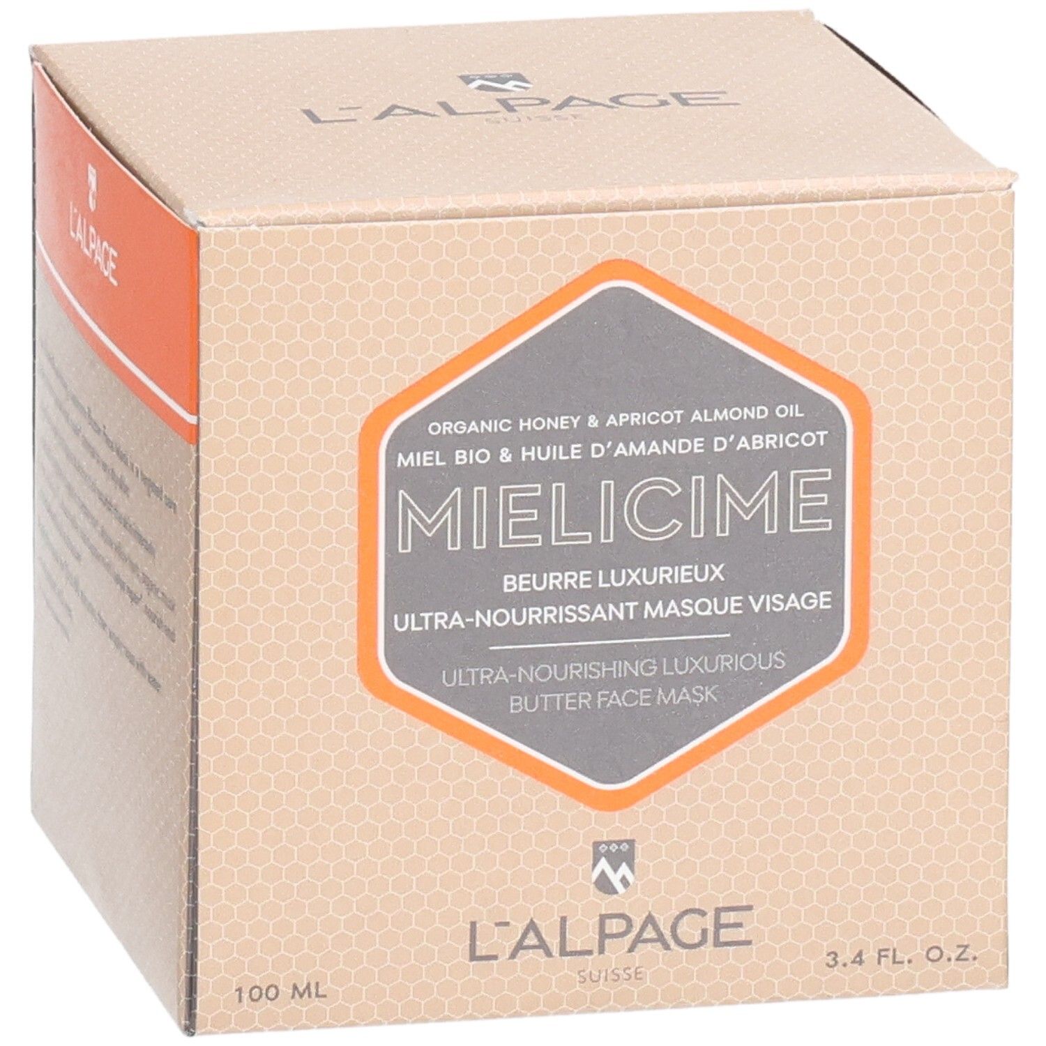 Karton mit Produktaufdruck. Text: Mielicime, Ultra-pflegende Gesichtsmaske. Marke: L'ALPAGE. Honig & Aprikosenkernöl. 3.4 fl. oz.