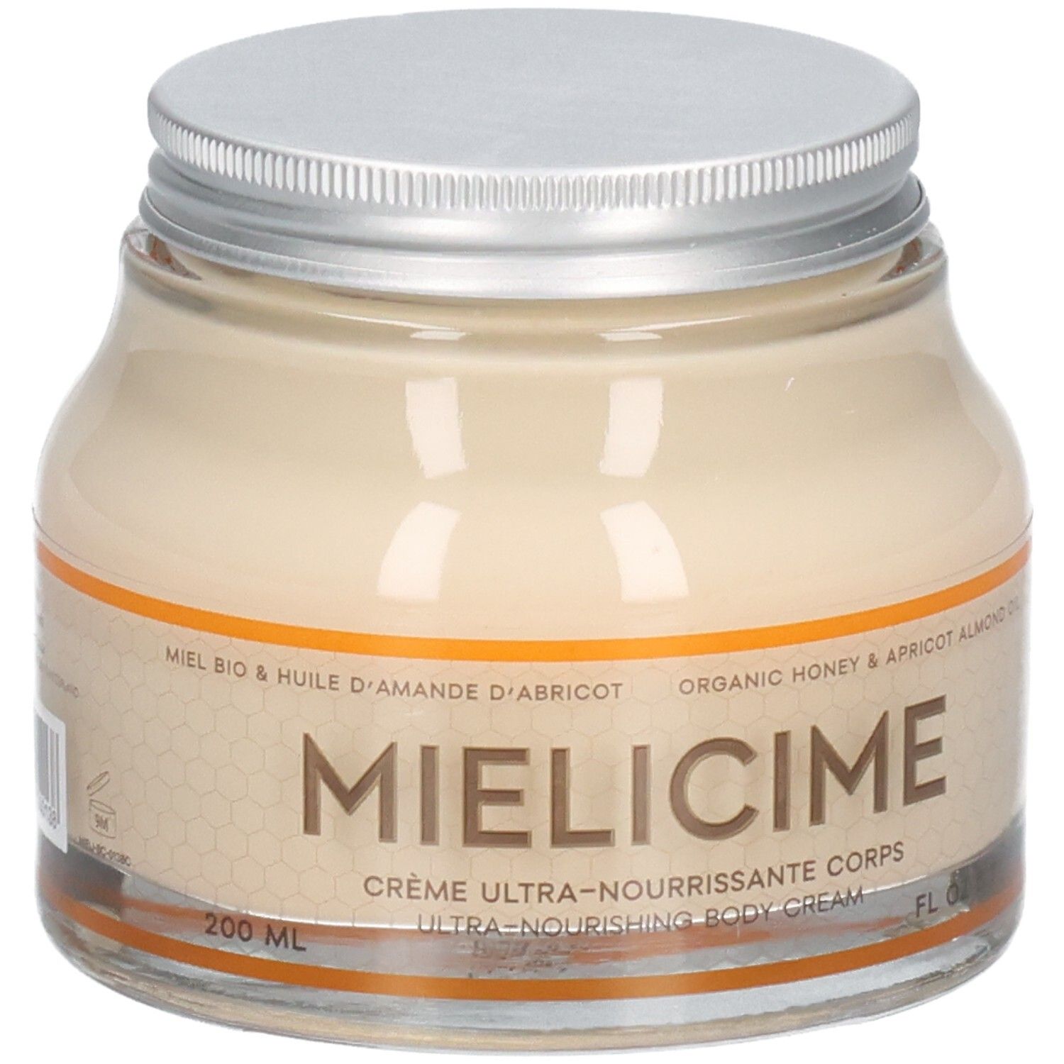 Pot en verre avec crème. Couvercle argenté. Inscription: Mielicime, Crème ultra-nourrissante corps. Huile de miel et d'abricot.