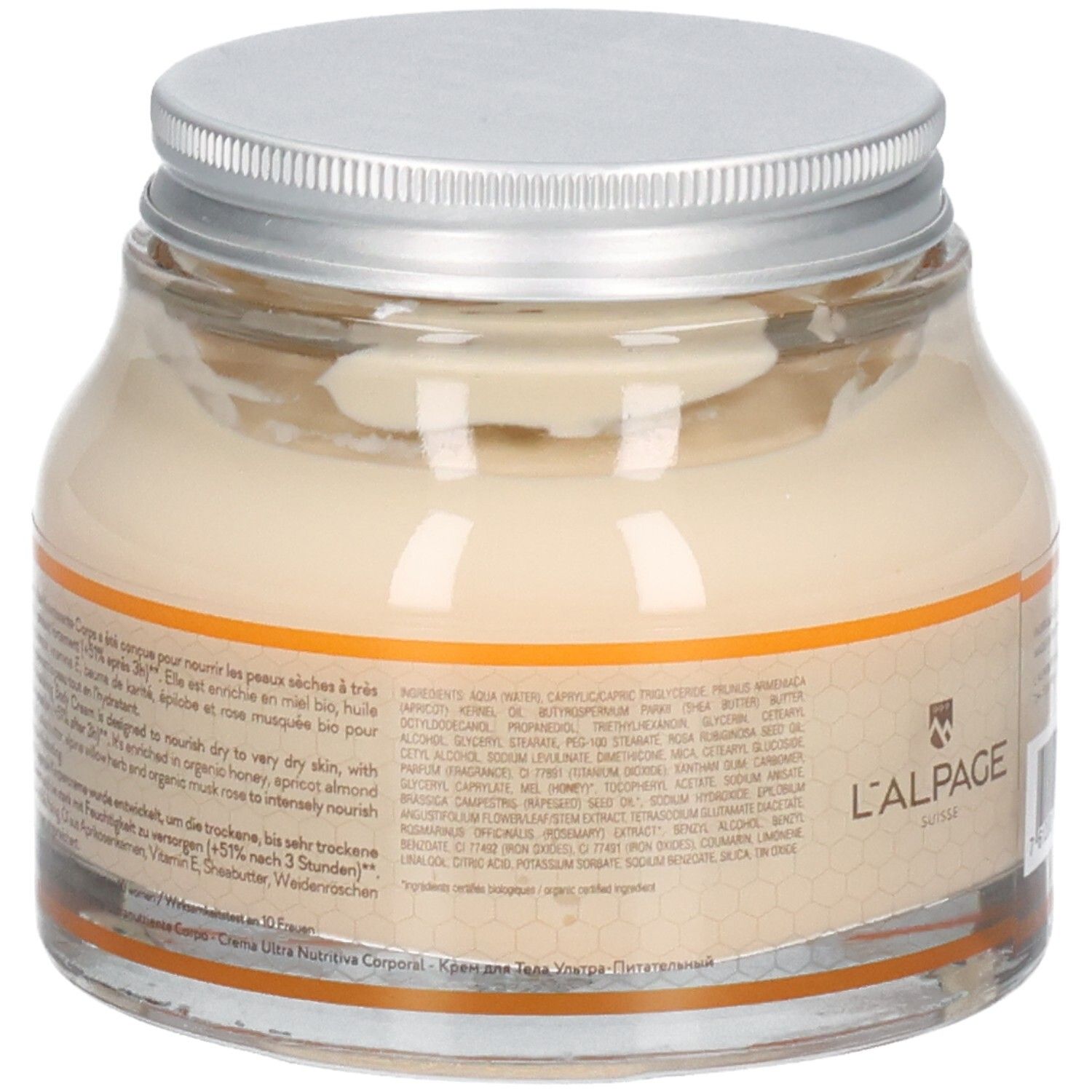 Pot en verre avec crème. Couvercle argenté. Inscription: L'Alpage. Dos avec texte et code-barres. 200 ml.