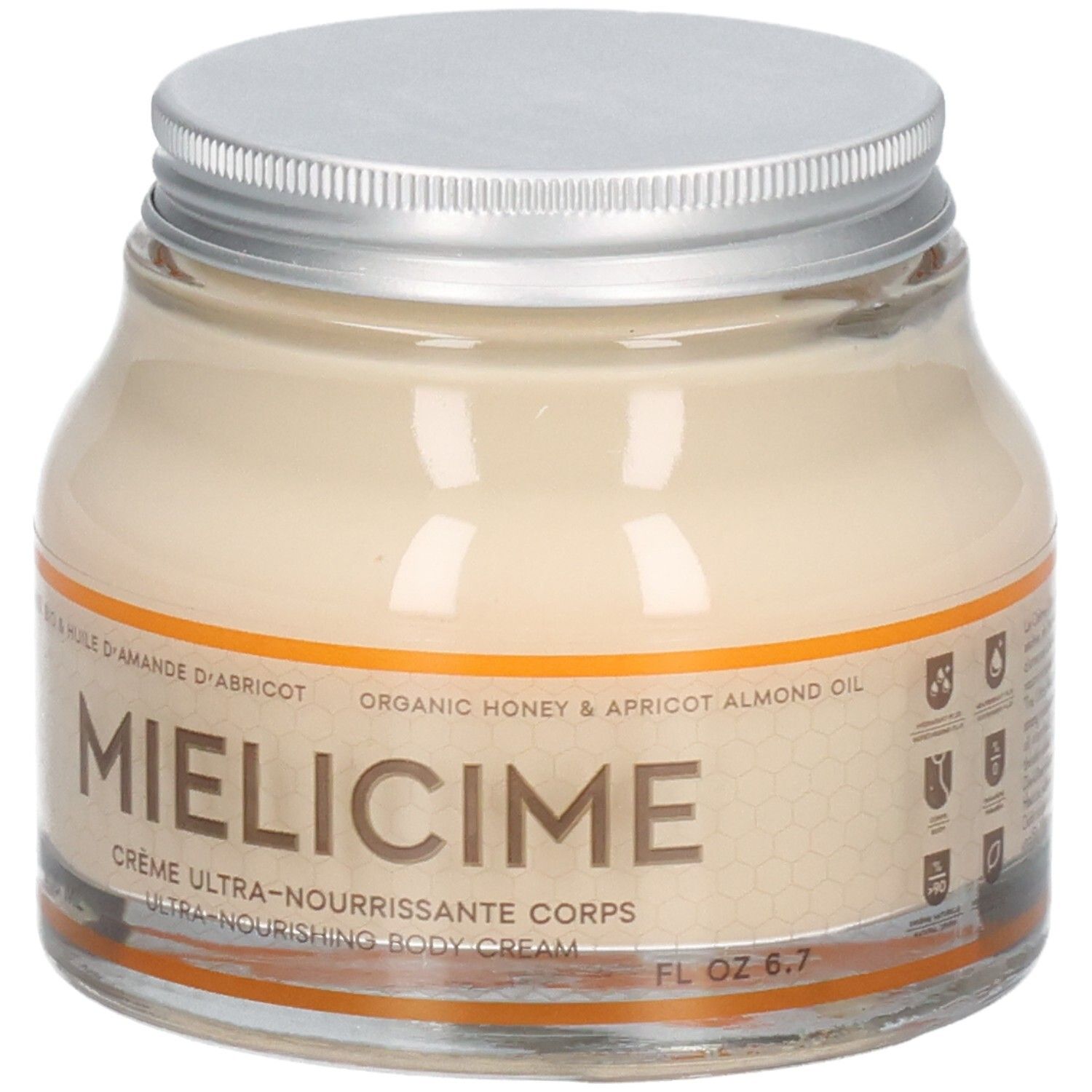 Pot en verre avec crème. Couvercle argenté. Dos avec texte. L'Alpage. Ingrédients. 200 ml.