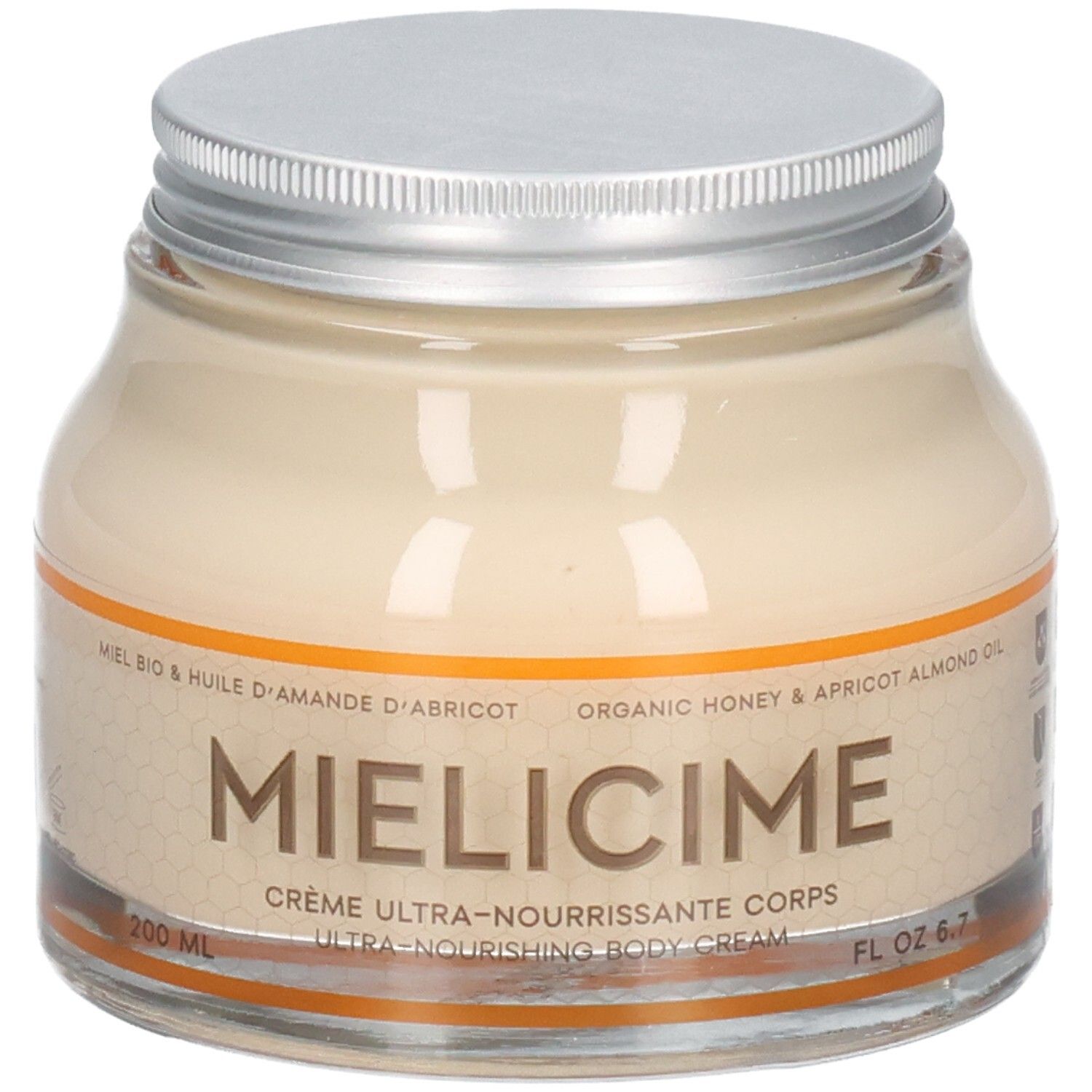 Pot en verre avec crème. Couvercle argenté. Inscription: Mielicime, Crème ultra-nourrissante corps. Huile de miel et d'abricot. 200 ml.
