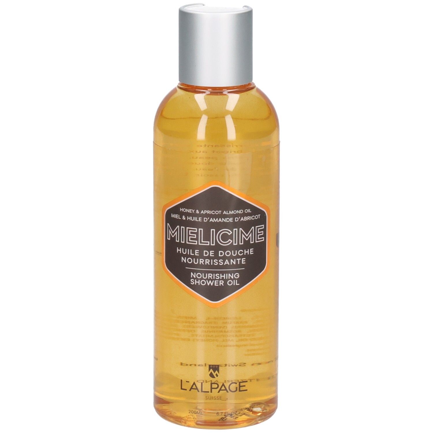 Eine Flasche mit honigfarbenem Duschöl. Der silberne Verschluss und das Etikett mit der Aufschrift 'MIELICIME NOURISHING SHOWER OIL' sind sichtbar.