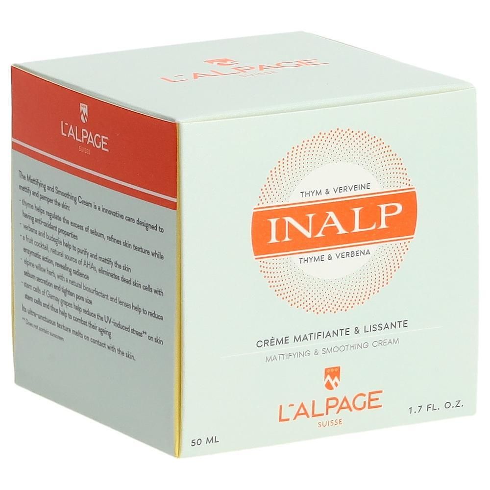 Weißer Karton mit L'ALPAGE-Logo. Aufschrift: INALP, Crème Matifiante & Lissante. 50 ml, 1.7 FL. OZ.