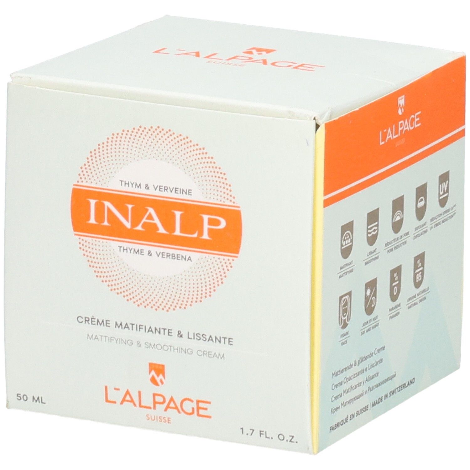 Weißer Karton mit L'ALPAGE-Logo. Aufschrift: INALP, Crème Matifiante & Lissante. 50 ml, 1.7 FL. OZ. Rückseite mit Symbolen.