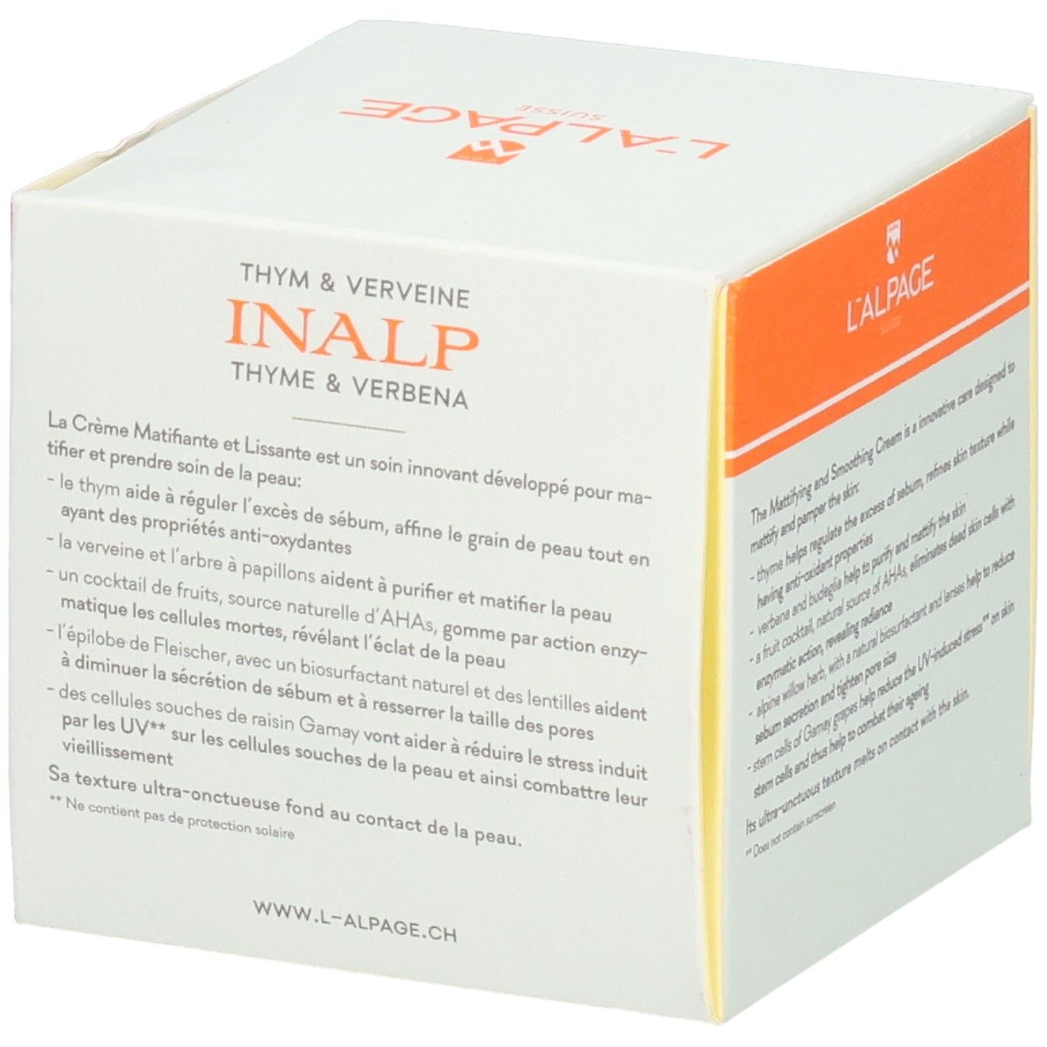 Weißer Karton mit L'ALPAGE-Logo. Aufschrift: INALP, Crème Matifiante & Lissante. Text auf der Seite.