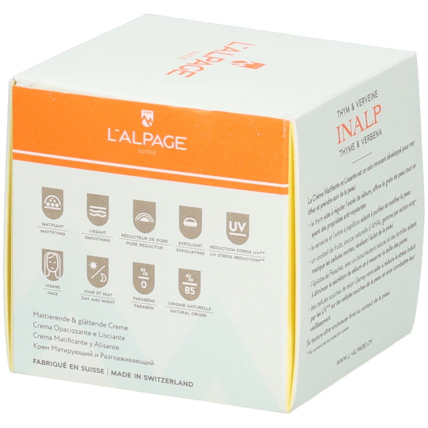 Weißer Karton mit L'ALPAGE-Logo. Aufschrift: INALP, Crème Matifiante & Lissante. Symbole und Text auf der Seite.