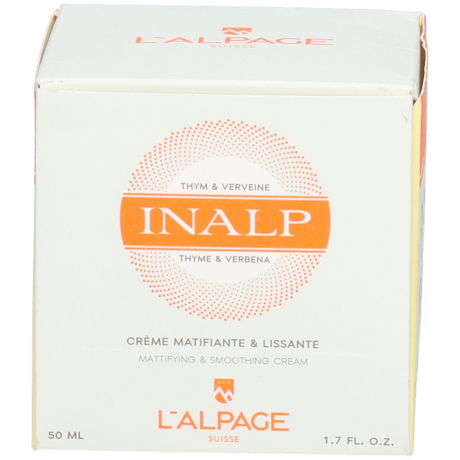 Weißer Karton mit L'ALPAGE-Logo. Aufschrift: INALP, Crème Matifiante & Lissante. 50 ml, 1.7 FL. OZ.