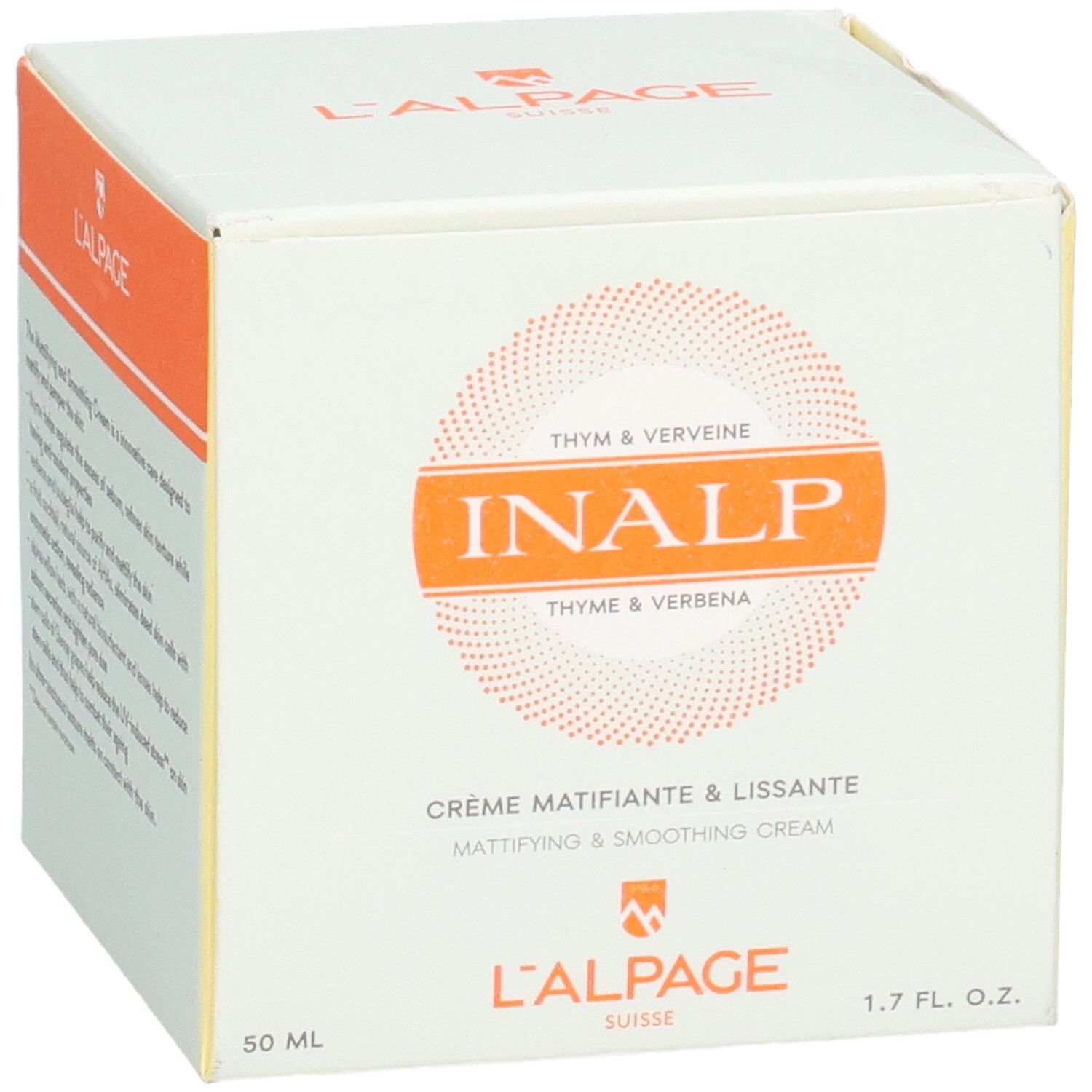 Weißer Karton mit L'ALPAGE-Logo. Aufschrift: INALP, Crème Matifiante & Lissante. 50 ml, 1.7 FL. OZ.