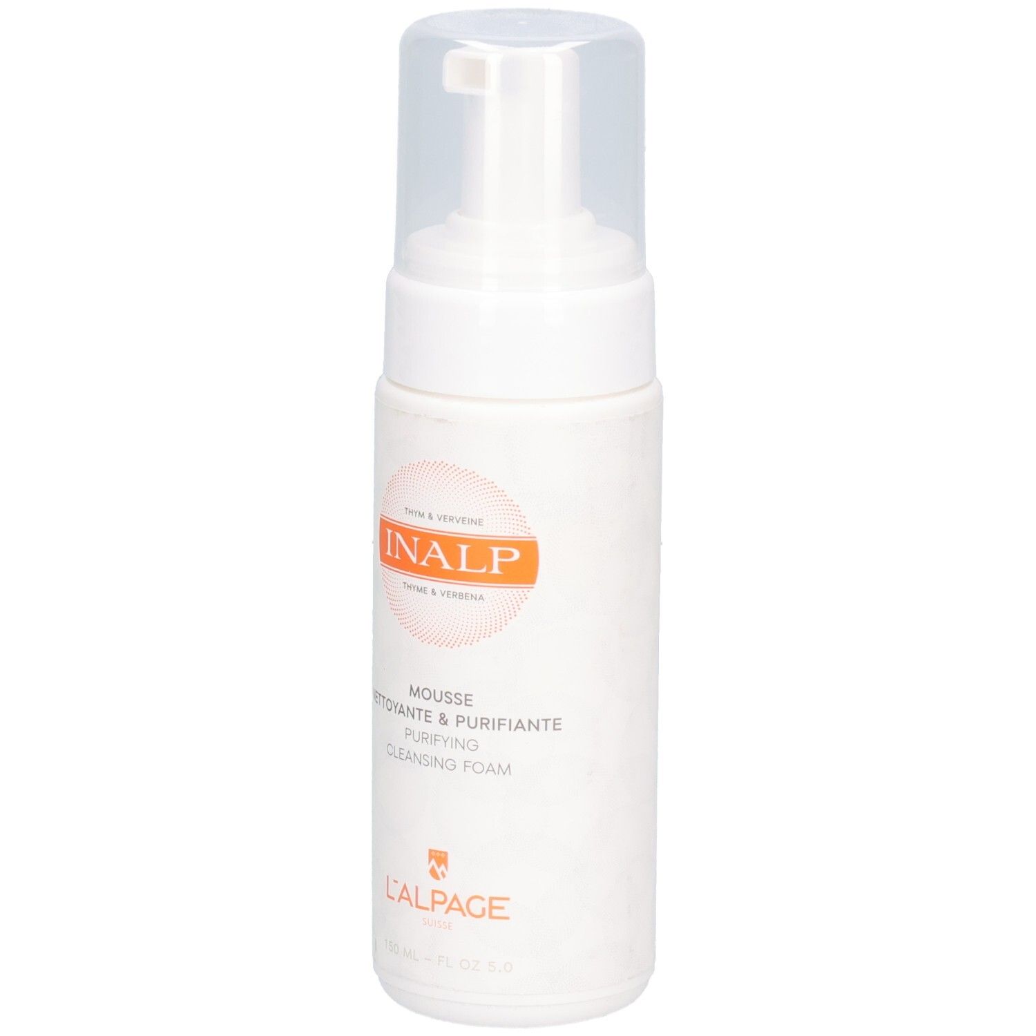 Weiße Flasche mit Sprühkopf. Orangefarbener Kreis mit INALP-Logo. Text: Mousse Nettoyante & Purifiante, L'ALPAGE.