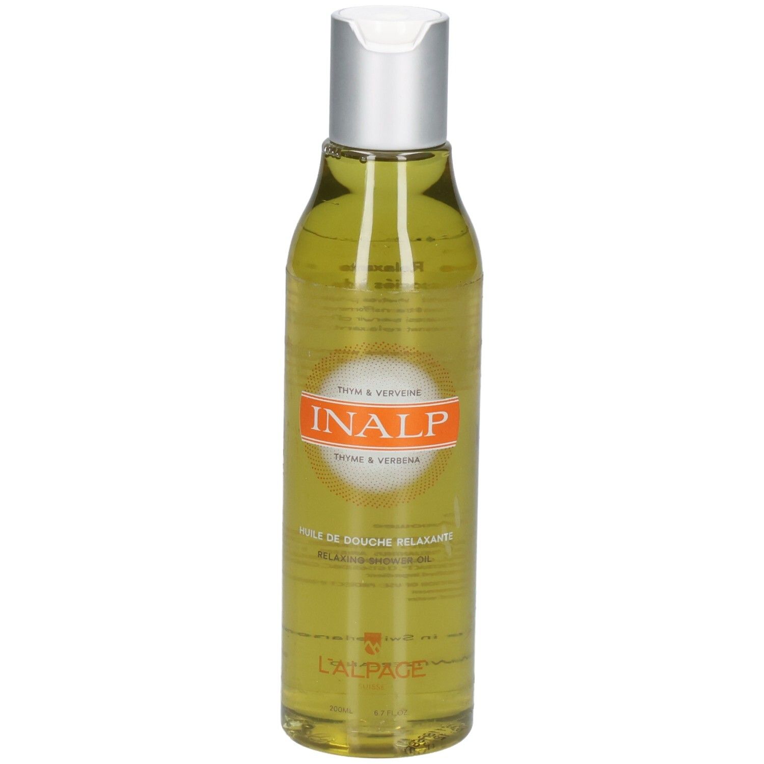 Körperpflegeöl in einer transparenten Flasche mit silbernem Deckel. Orangefarbenes Etikett mit INALP-Logo und Text.