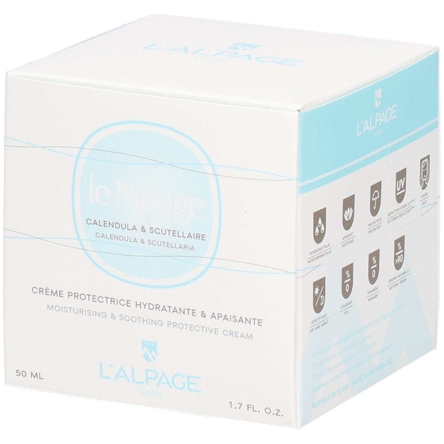 Quadratische Schachtel. L'ALPAGE Le Nuage Creme. Icons: Schutz vor UV-Strahlen, Feuchtigkeit, etc. 1.7 fl. oz. 50 ml.