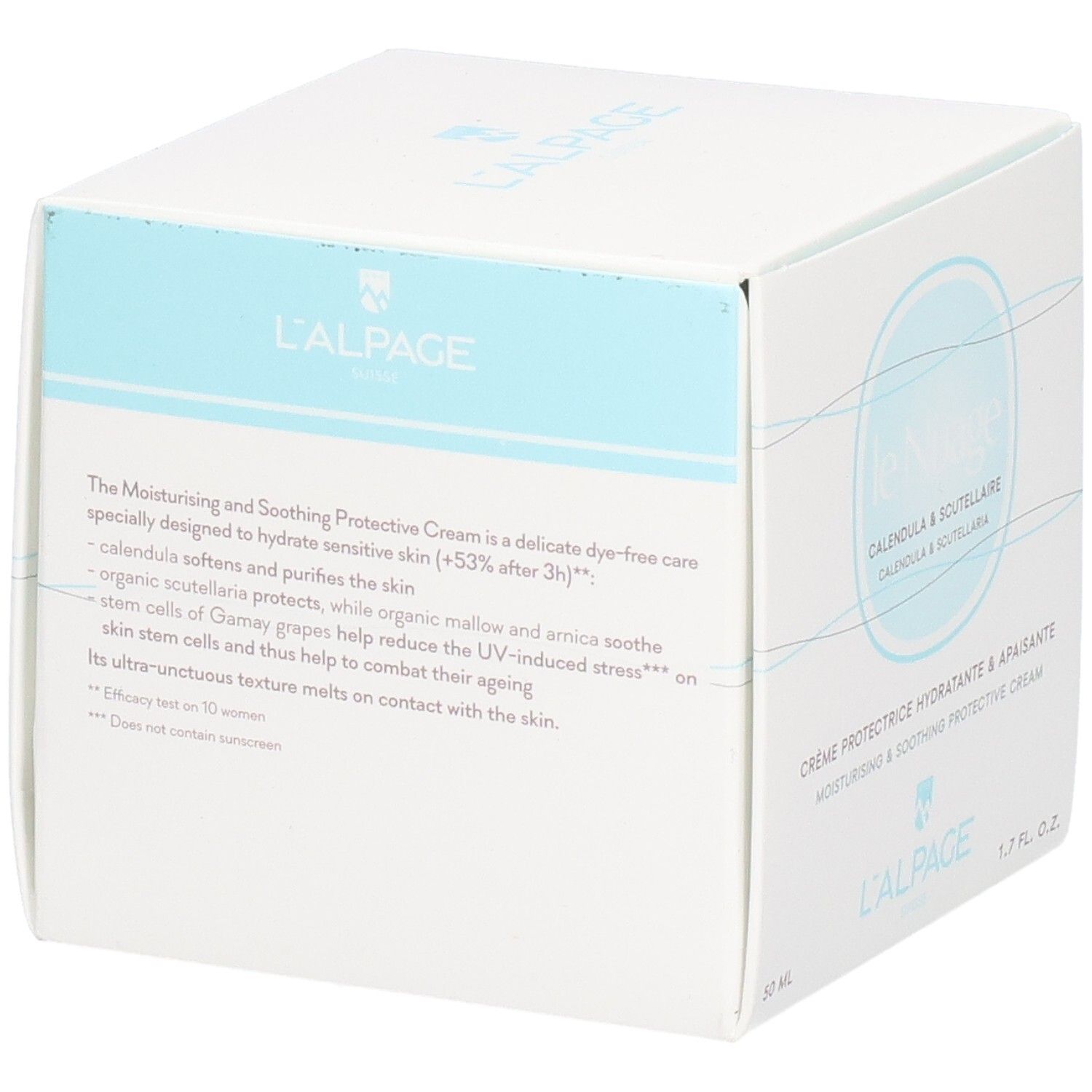 Quadratische Schachtel. L'ALPAGE Le Nuage Creme. Text: Feuchtigkeitsspendende und beruhigende Schutzcreme. 1.7 fl. oz. 50 ml.