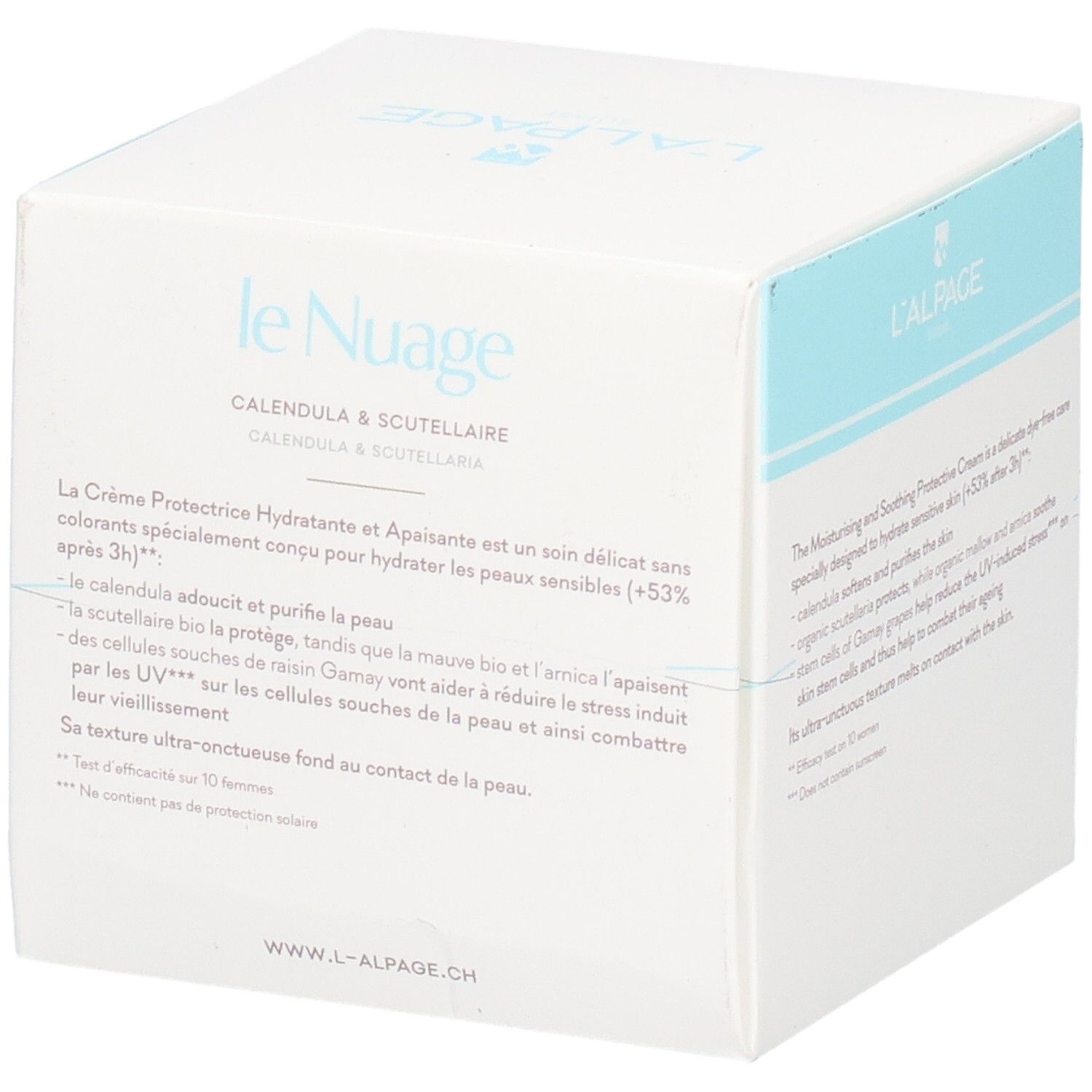 Quadratische Schachtel. L'ALPAGE Le Nuage Creme. Text in Französisch: Crème protectrice hydratante & apaisante. 1.7 fl. oz. 50 ml.