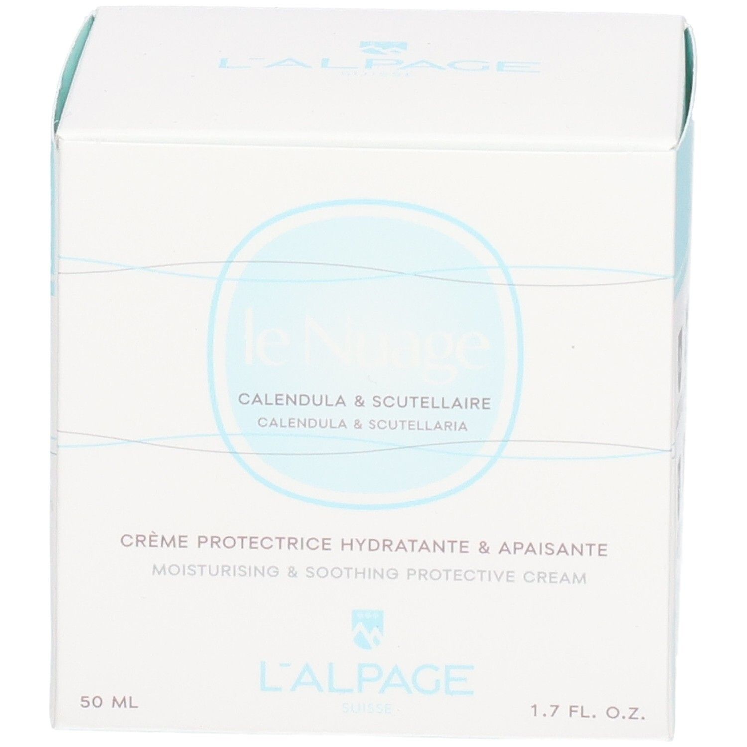 Quadratische Schachtel. L'ALPAGE Le Nuage Creme. Text: Crème protectrice hydratante & apaisante. 1.7 fl. oz. 50 ml.