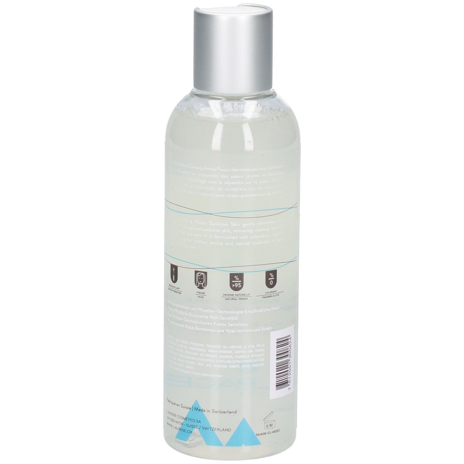 Rückseite der Flasche mit Text und Logos. Enthält Informationen über Inhaltsstoffe und Zertifizierungen. Barcode und Herstellerinformationen.