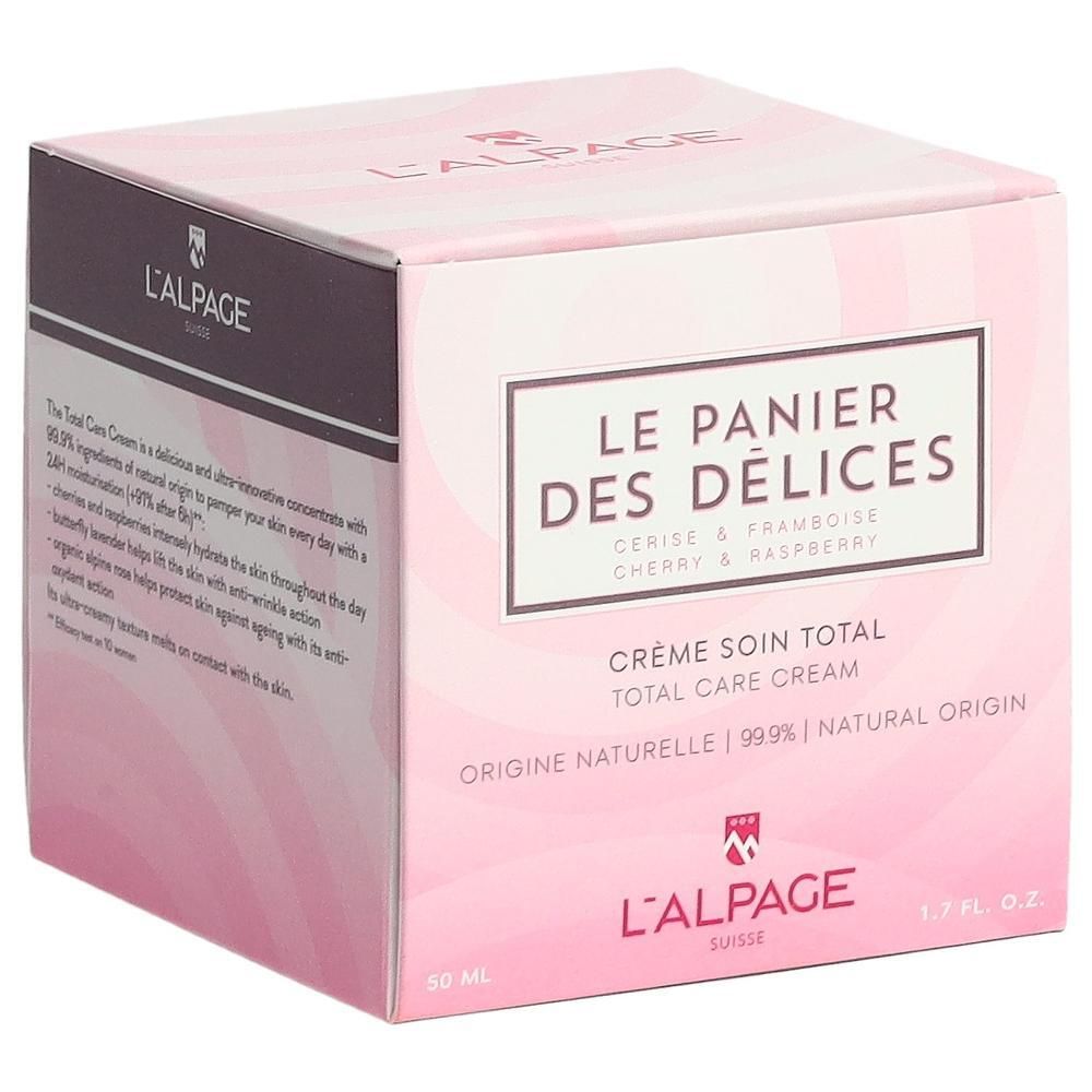 Boîte rose avec nom du produit et logo. Texte : Crème soin total, Cerise & Framboise. Marque : L'ALPAGE.