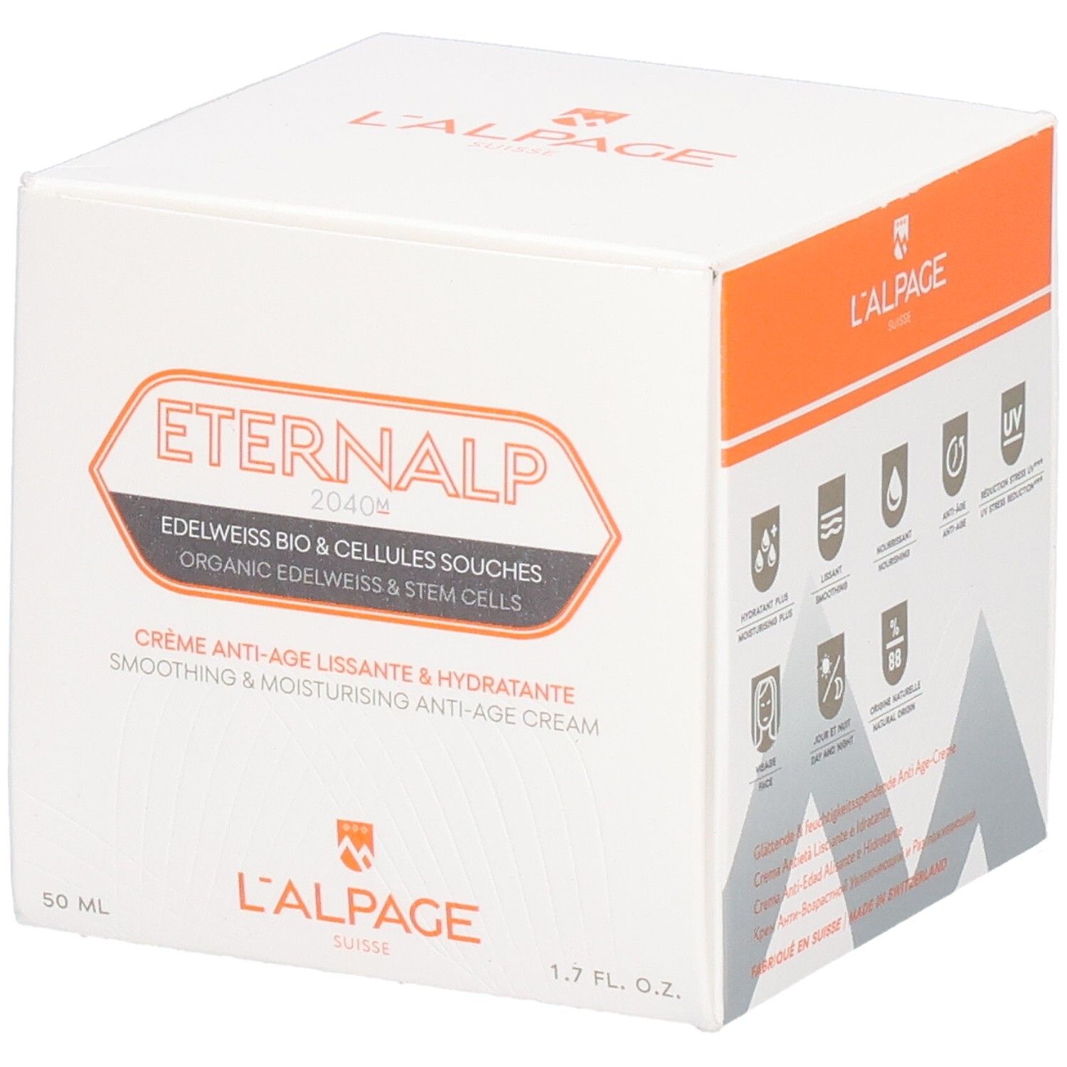Weißer Karton Eternalp. Text: Glättende und feuchtigkeitsspendende Anti-Aging-Creme. L'ALPAGE Logo. Symbole.