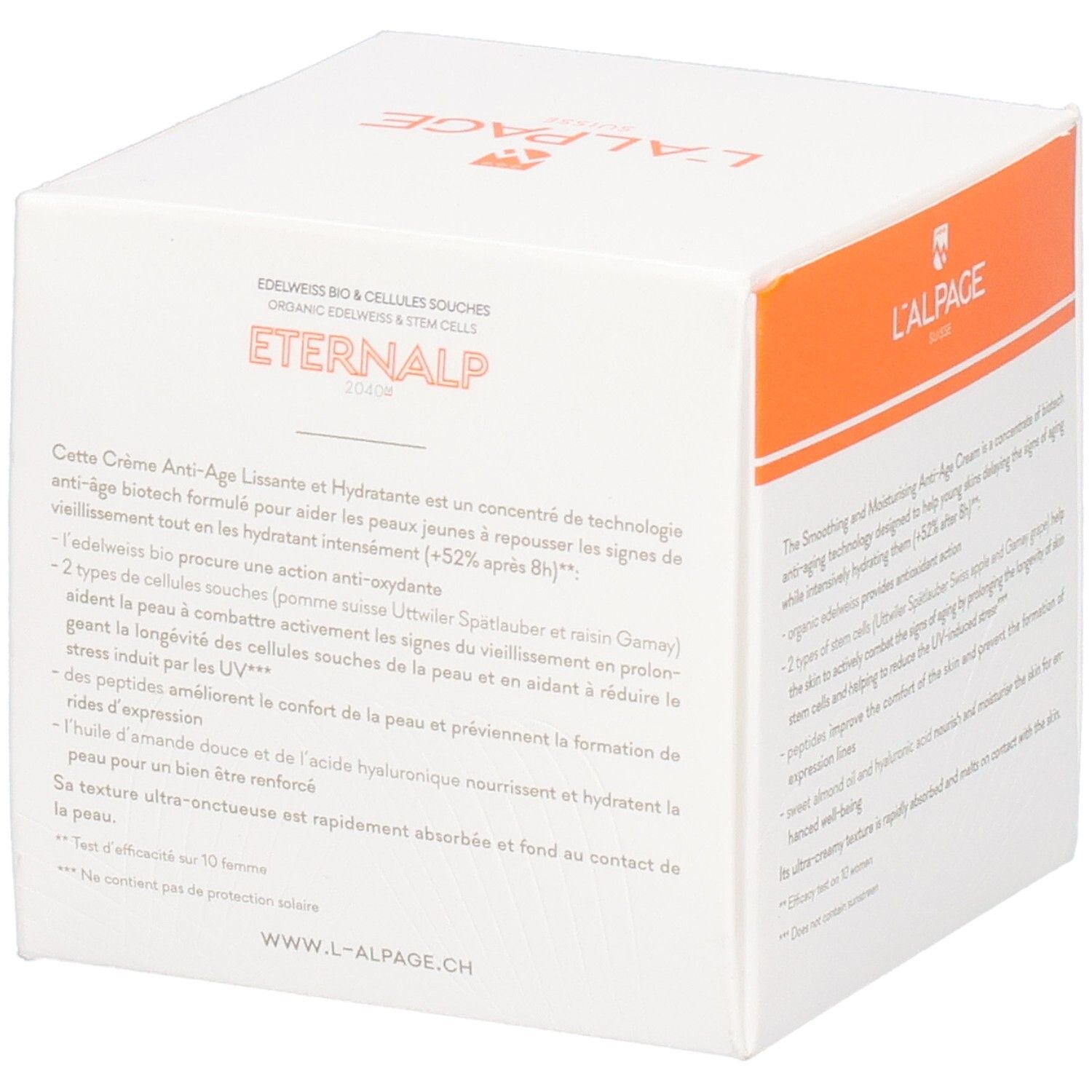 Weißer Karton Eternalp. Text: Glättende und feuchtigkeitsspendende Anti-Aging-Creme. L'ALPAGE Logo. Text.