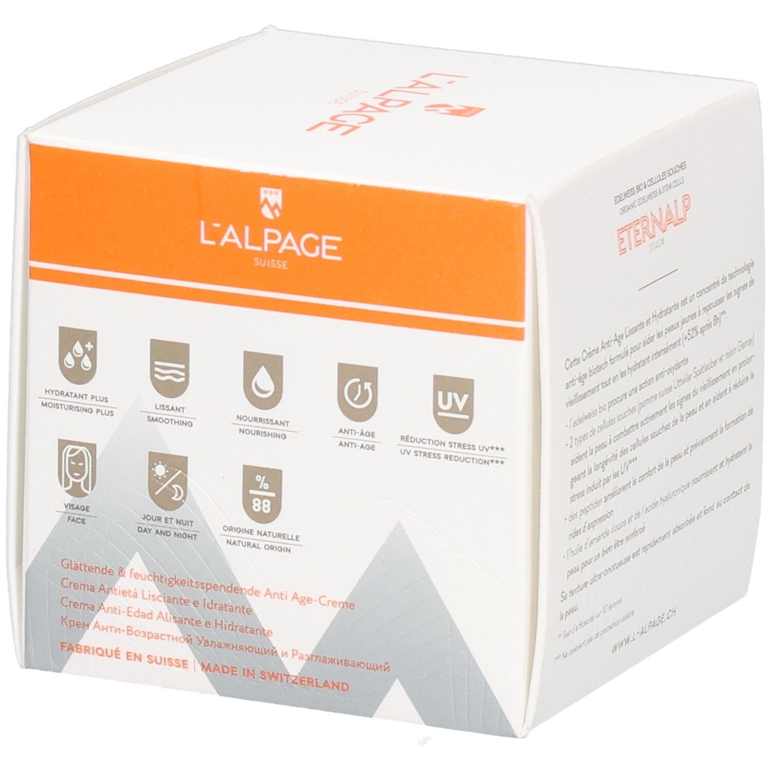 Weißer Karton Eternalp. Text: Glättende und feuchtigkeitsspendende Anti-Aging-Creme. L'ALPAGE Logo. Symbole.