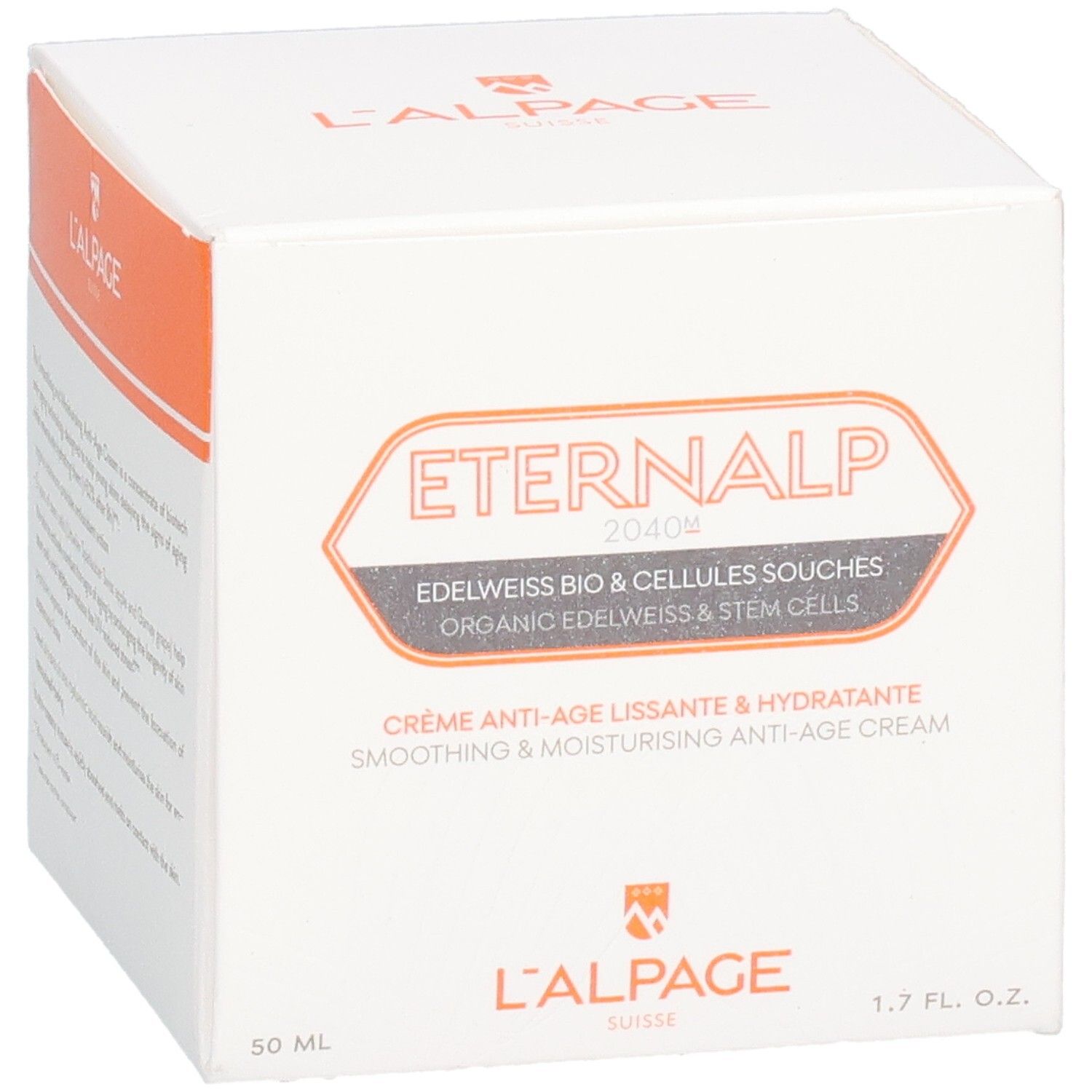 Weißer Karton mit Produktnamen Eternalp. Text: Glättende und feuchtigkeitsspendende Anti-Aging-Creme. L'ALPAGE Logo.