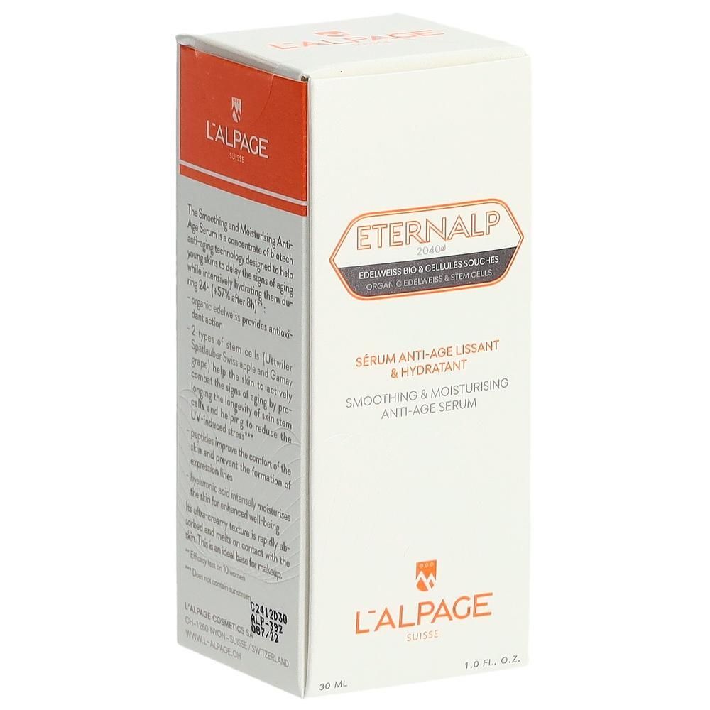 Weiße Schachtel mit Produktnamen Eternalp. Text: Sérum Anti-Âge Lissant & Hydratant. Marke L'Alpage.