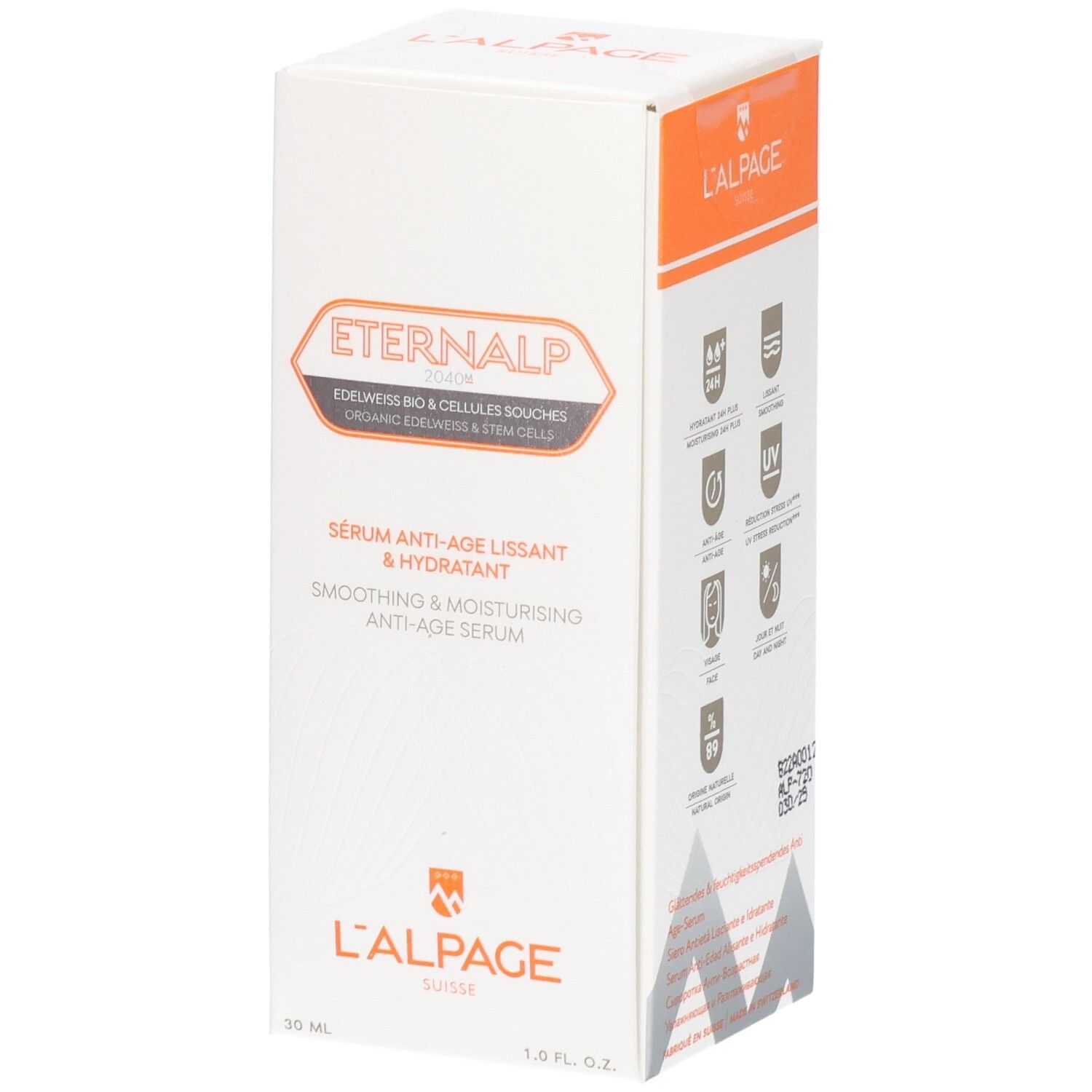 Weiße Schachtel, Eternalp-Logo. Text: Sérum Anti-Âge Lissant & Hydratant. Marke L'Alpage. Produktinformationen.