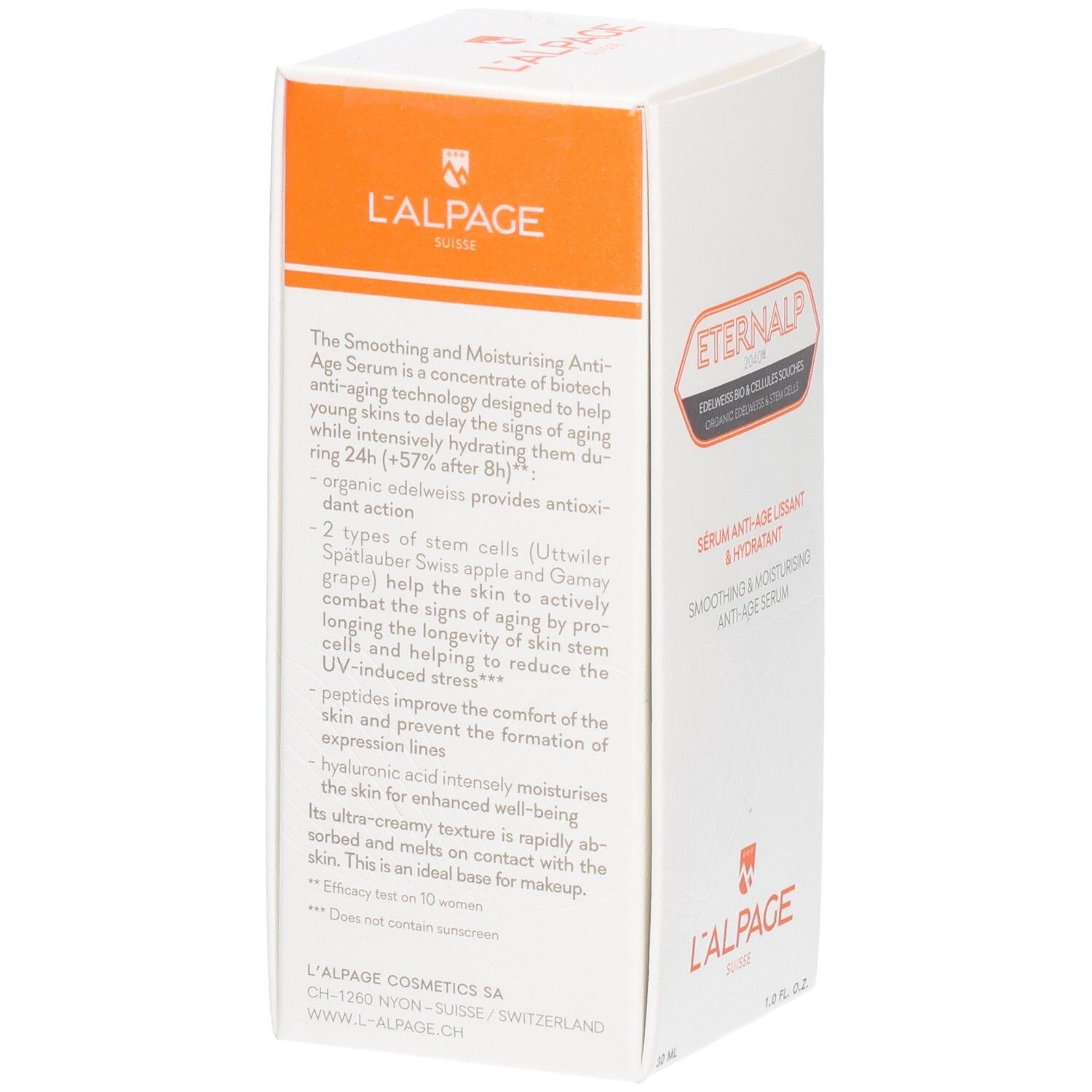 Weiße Schachtel, Eternalp-Logo. Text: Sérum Anti-Âge Lissant & Hydratant. Marke L'Alpage. Produktinformationen.