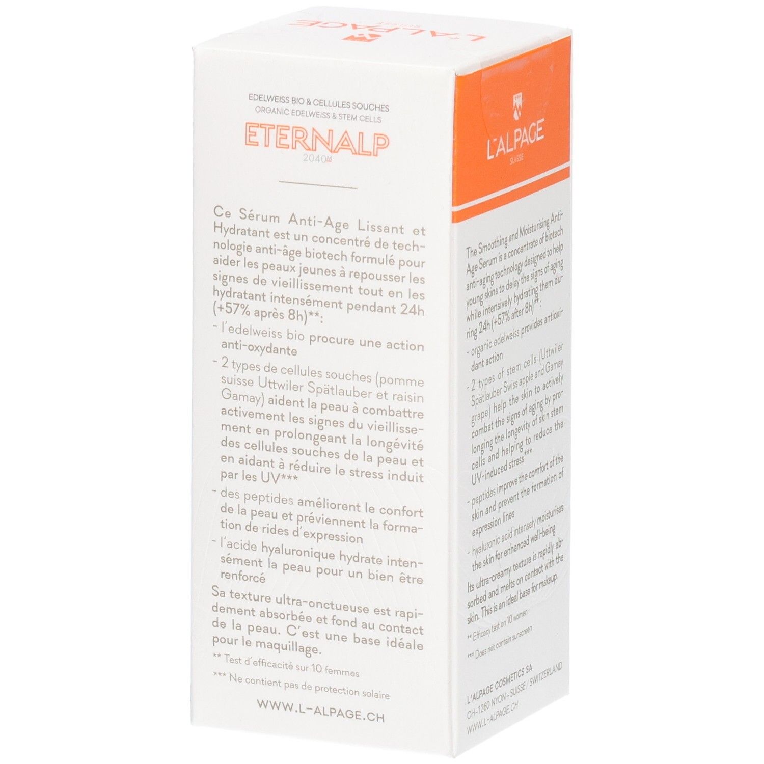 Weiße Schachtel, Eternalp-Logo. Text: Sérum Anti-Âge Lissant & Hydratant. Marke L'Alpage. Produktinformationen.