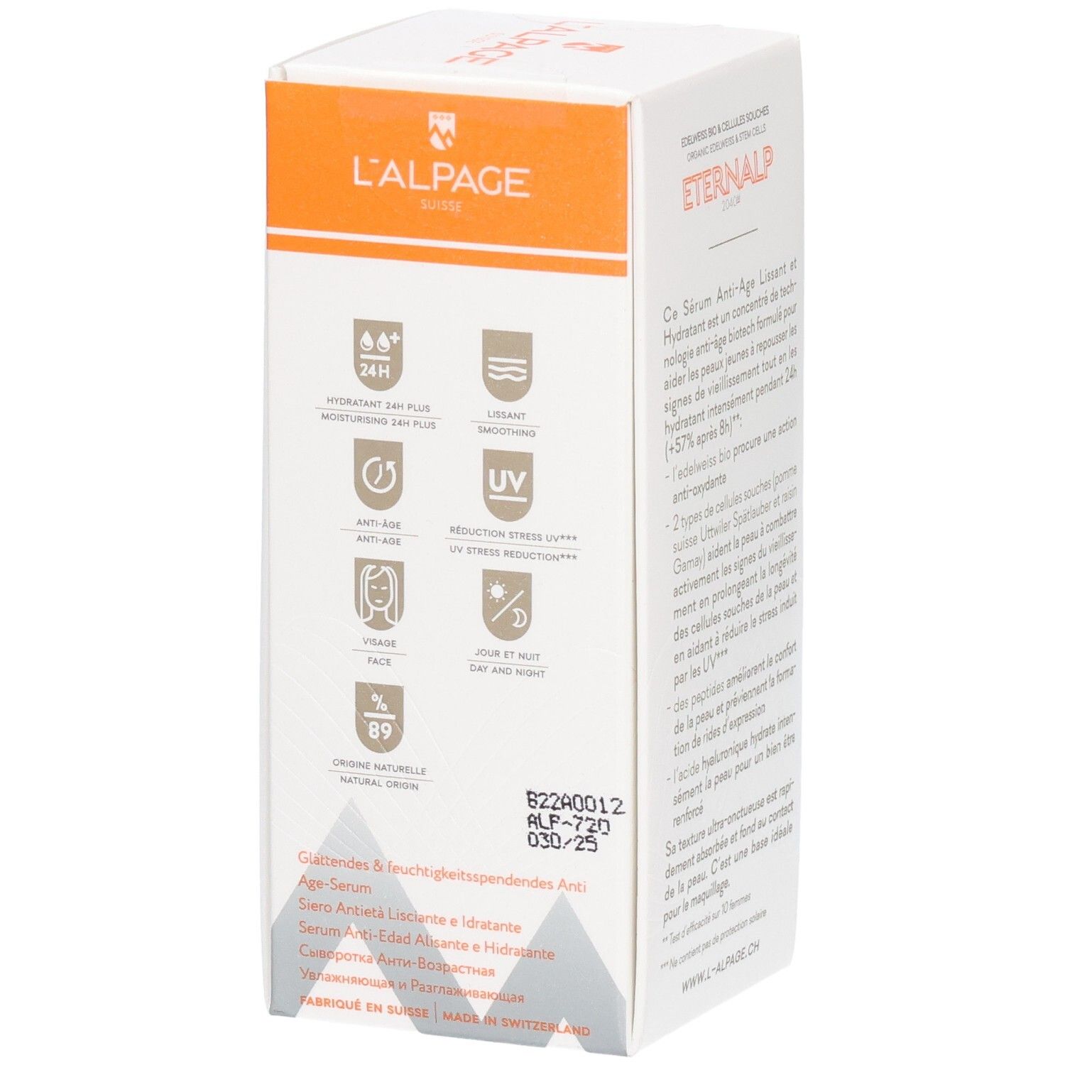 Weiße Schachtel, Eternalp-Logo. Text: Sérum Anti-Âge Lissant & Hydratant. Marke L'Alpage. Produktinformationen.