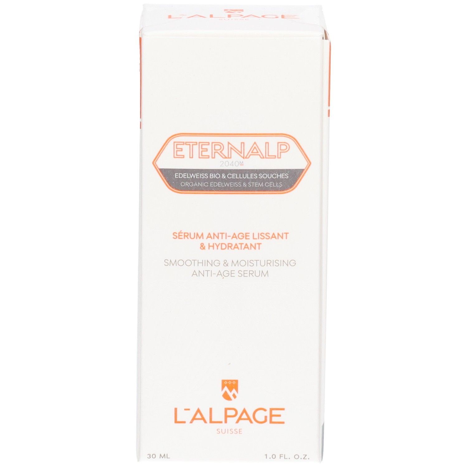 Weiße Schachtel, Eternalp-Logo. Text: Sérum Anti-Âge Lissant & Hydratant. Marke L'Alpage. Produktinformationen.