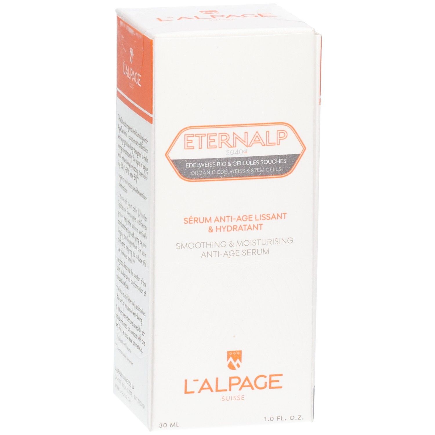 Weiße Schachtel, Eternalp-Logo. Text: Sérum Anti-Âge Lissant & Hydratant. Marke L'Alpage. Produktinformationen.