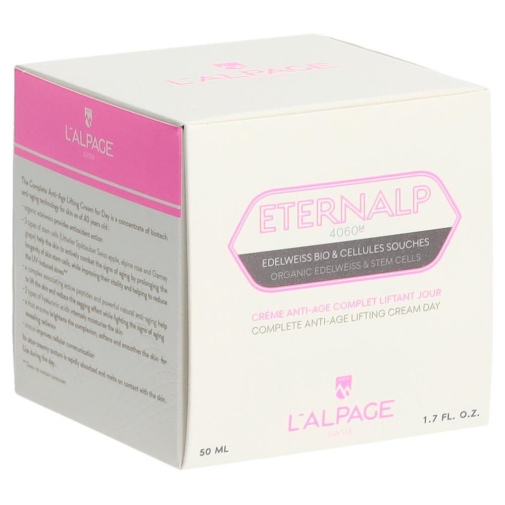Weiße Verpackung mit rosa Akzenten. Text: Eternalp 4060m, L'ALPAGE. Enthält Creme. 50 ml, 1.7 FL. OZ.