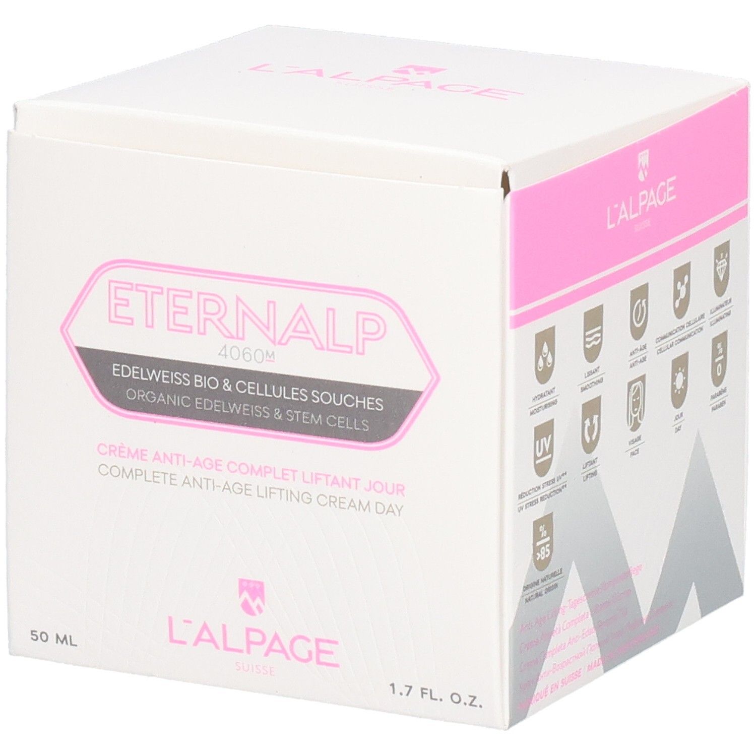 Weiße Verpackung mit rosa Akzenten. Text: Eternalp 4060m, L'ALPAGE. Enthält Creme. 50 ml, 1.7 FL. OZ.