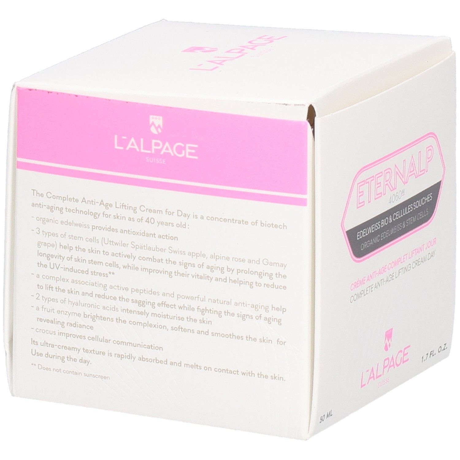 Weiße Verpackung mit rosa Akzenten. Text: Eternalp 4060m, L'ALPAGE. Enthält Creme. 50 ml, 1.7 FL. OZ.