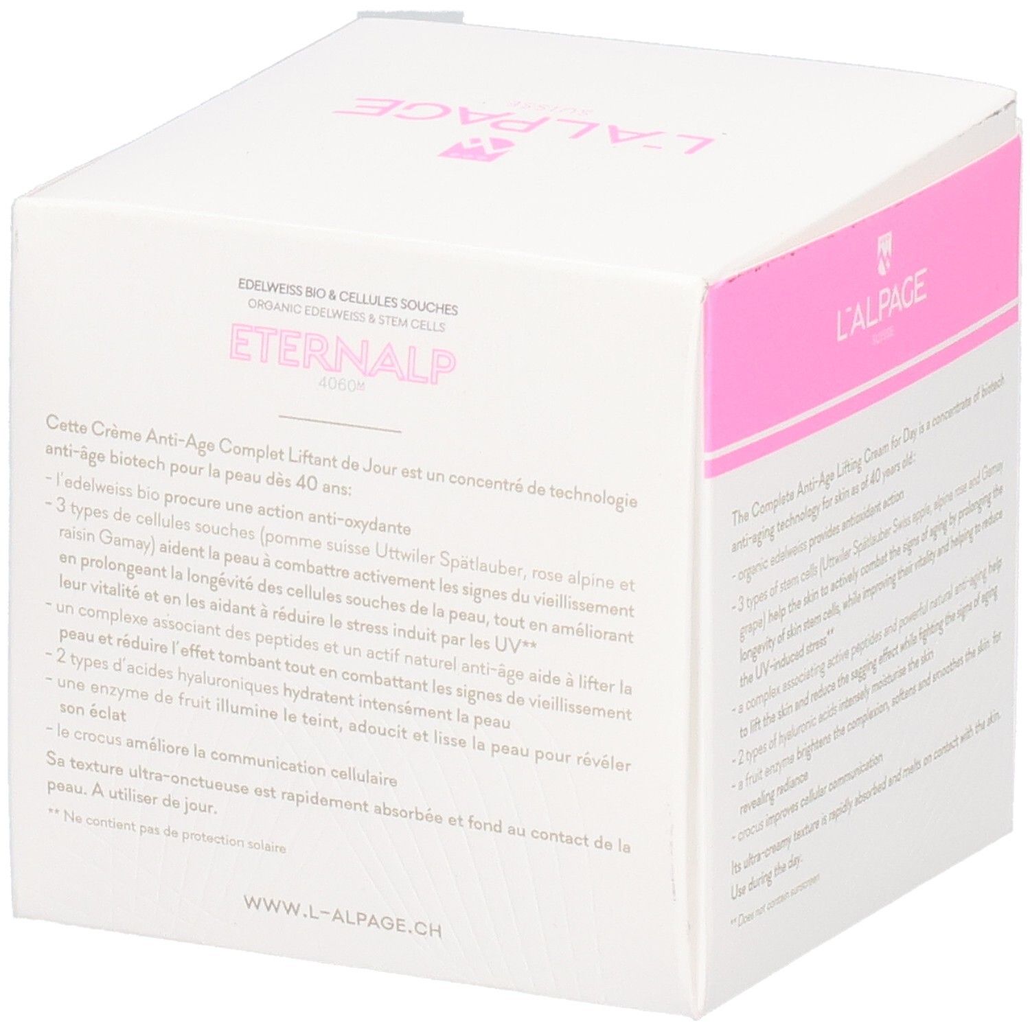 Weiße Verpackung mit rosa Akzenten. Text: Eternalp 4060m, L'ALPAGE. Enthält Creme. 50 ml, 1.7 FL. OZ.
