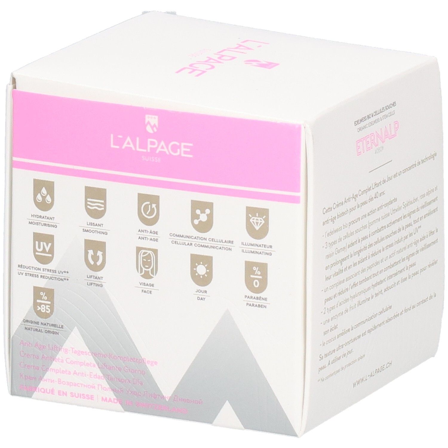 Weiße Verpackung mit rosa Akzenten. Text: Eternalp 4060m, L'ALPAGE. Enthält Creme. 50 ml, 1.7 FL. OZ.