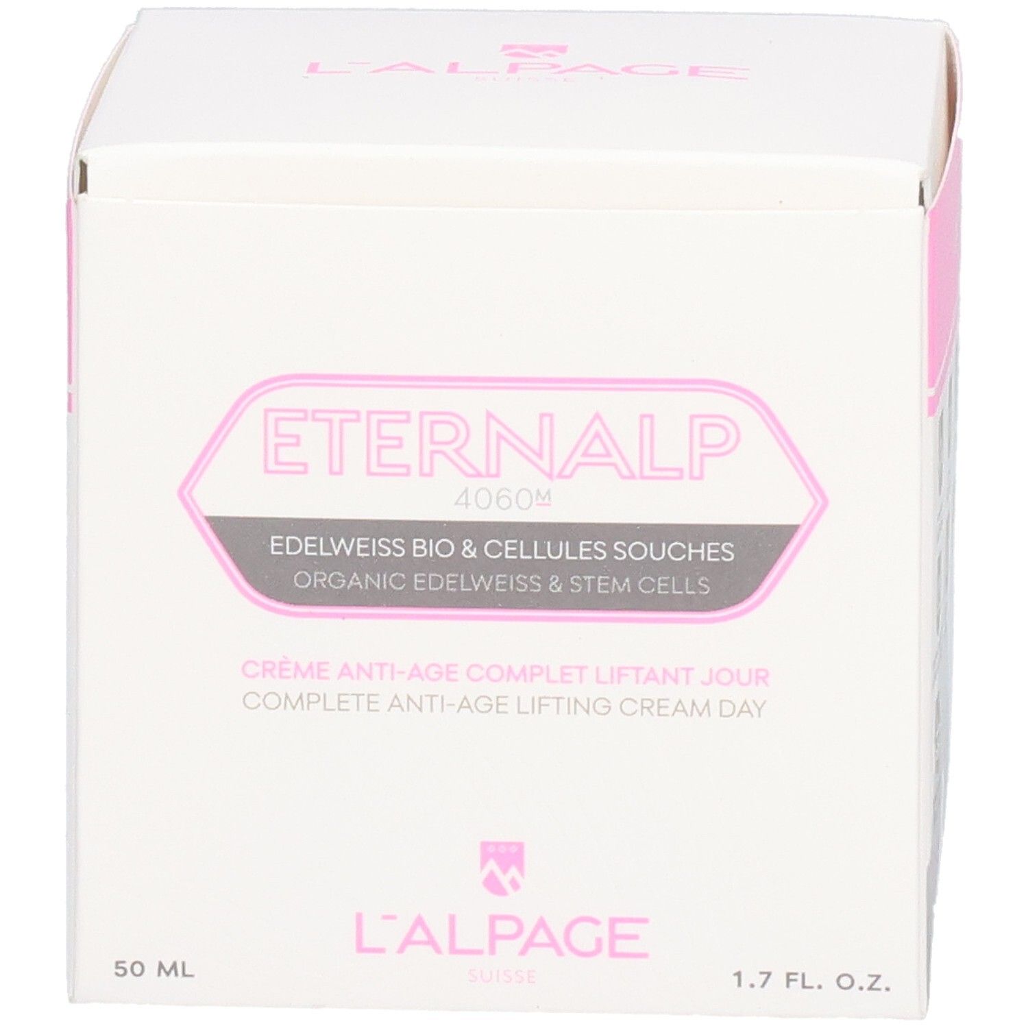 Weiße Verpackung mit rosa Akzenten. Text: Eternalp 4060m, L'ALPAGE. Enthält Creme. 50 ml, 1.7 FL. OZ.