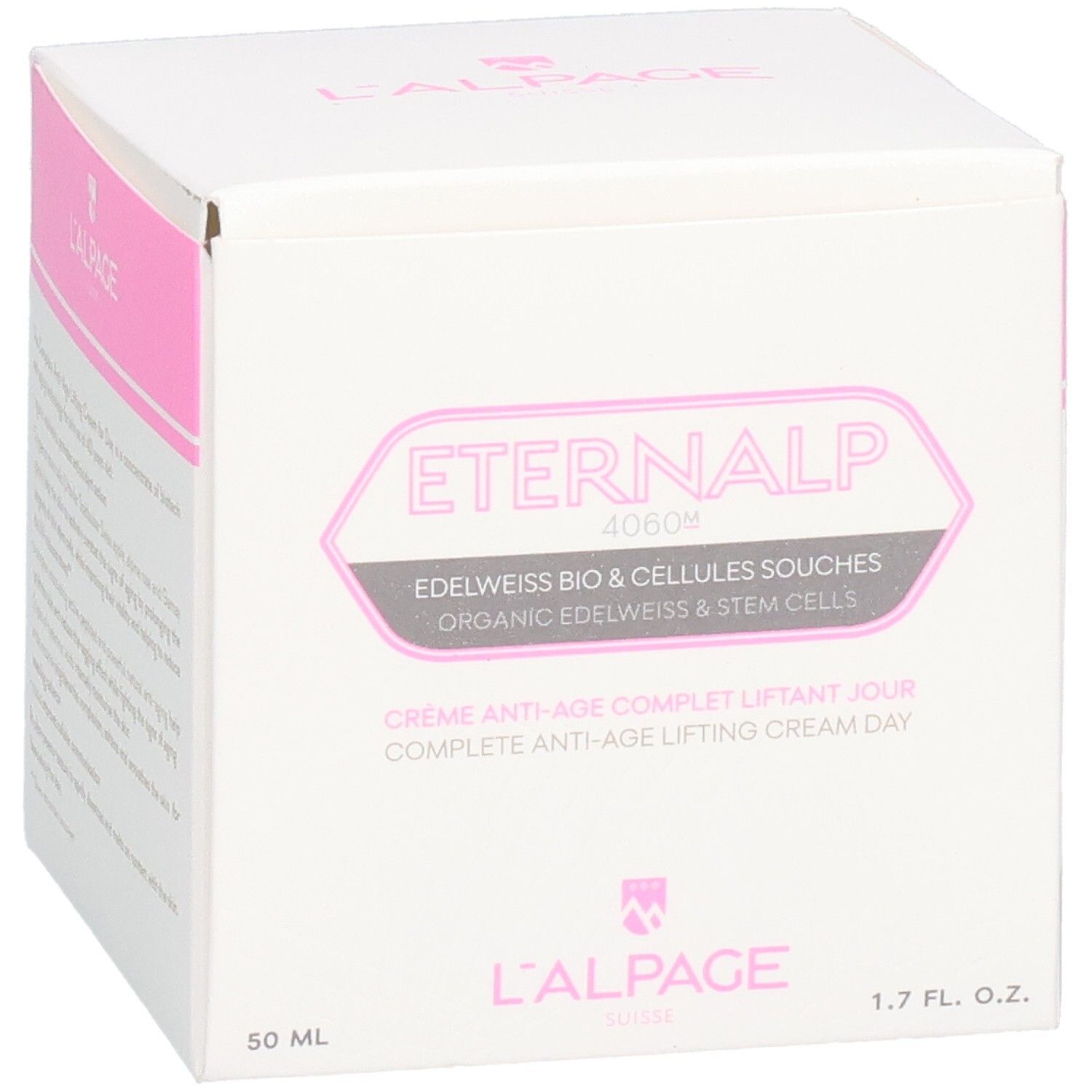 Weiße Verpackung mit rosa Akzenten. Text: Eternalp 4060m, L'ALPAGE. Enthält Creme. 50 ml, 1.7 FL. OZ.