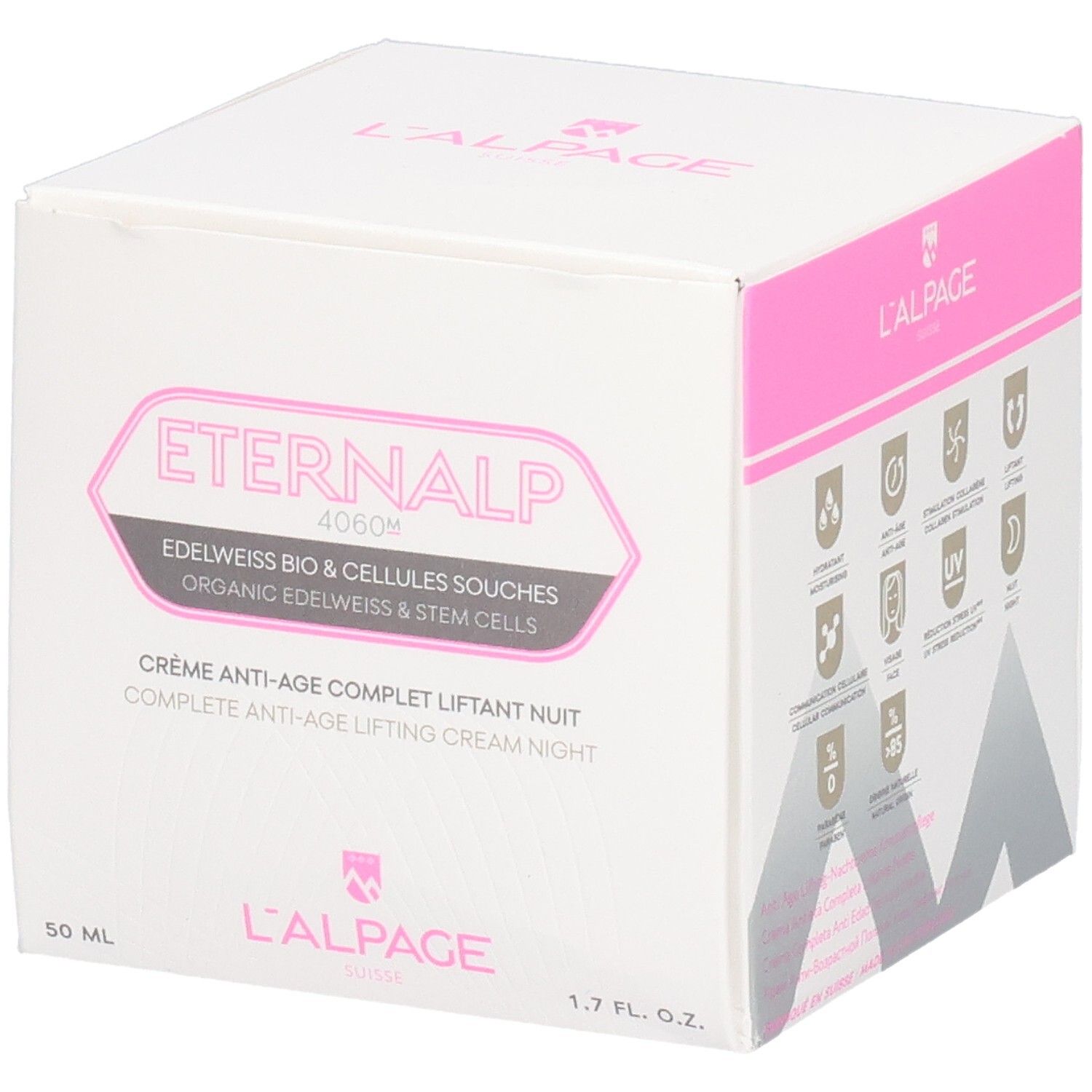 Boîte blanche et rose. Texte: Eternalp 4060m, Crème Anti-Âge Complet Liftant Nuit. L'ALPAGE.