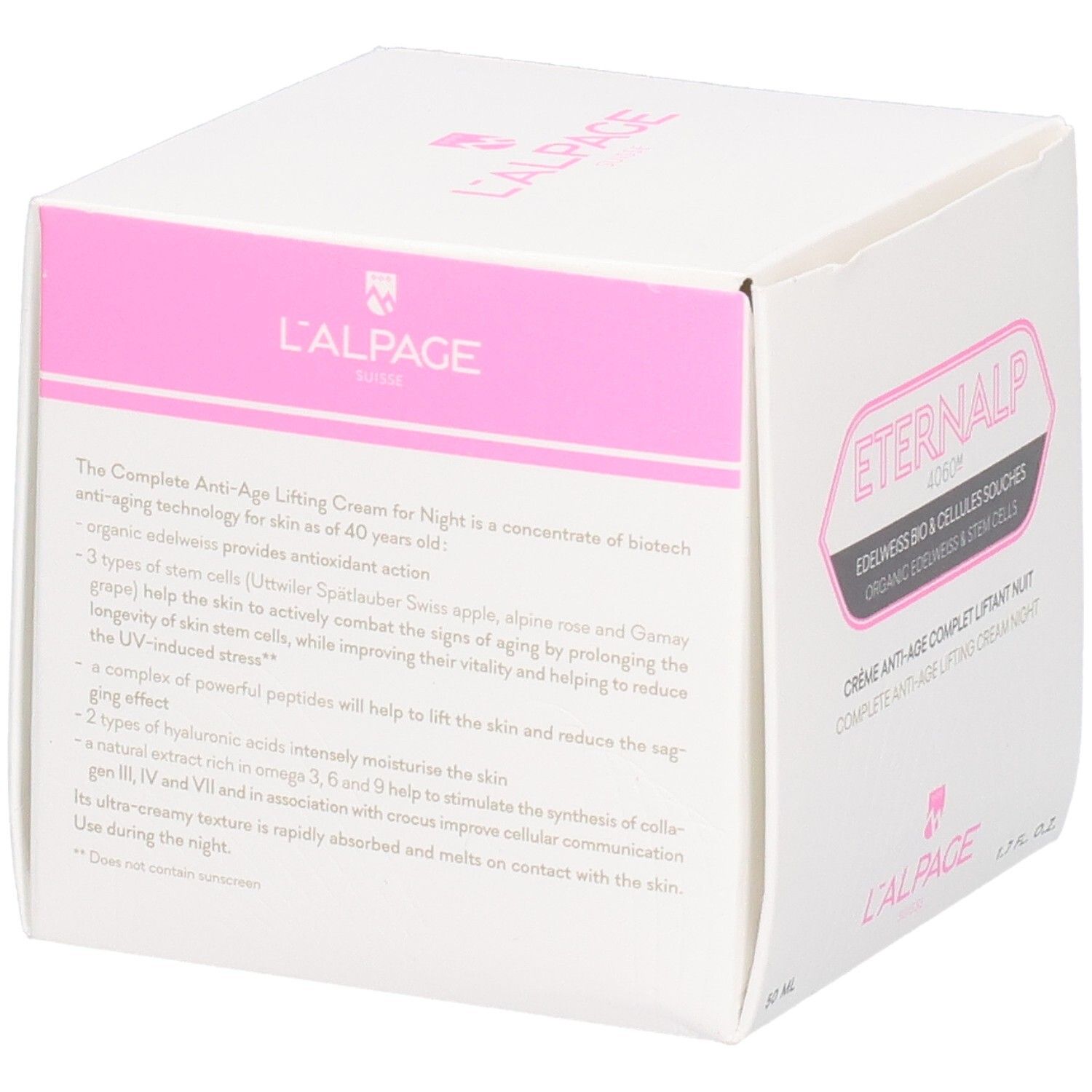 Boîte blanche et rose. Texte: Eternalp 4060m, Crème Anti-Âge Complet Liftant Nuit. L'ALPAGE.