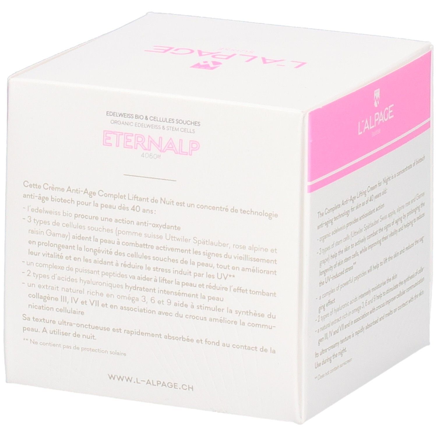Boîte blanche et rose. Texte: Eternalp 4060m, Crème Anti-Âge Complet Liftant Nuit. L'ALPAGE.
