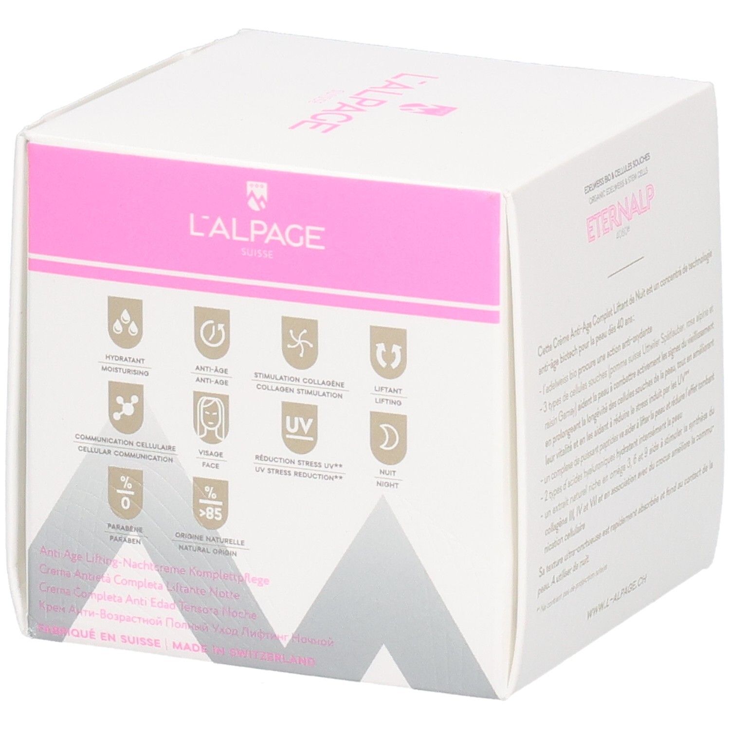 Boîte blanche et rose. Texte: Eternalp 4060m, Crème Anti-Âge Complet Liftant Nuit. L'ALPAGE.