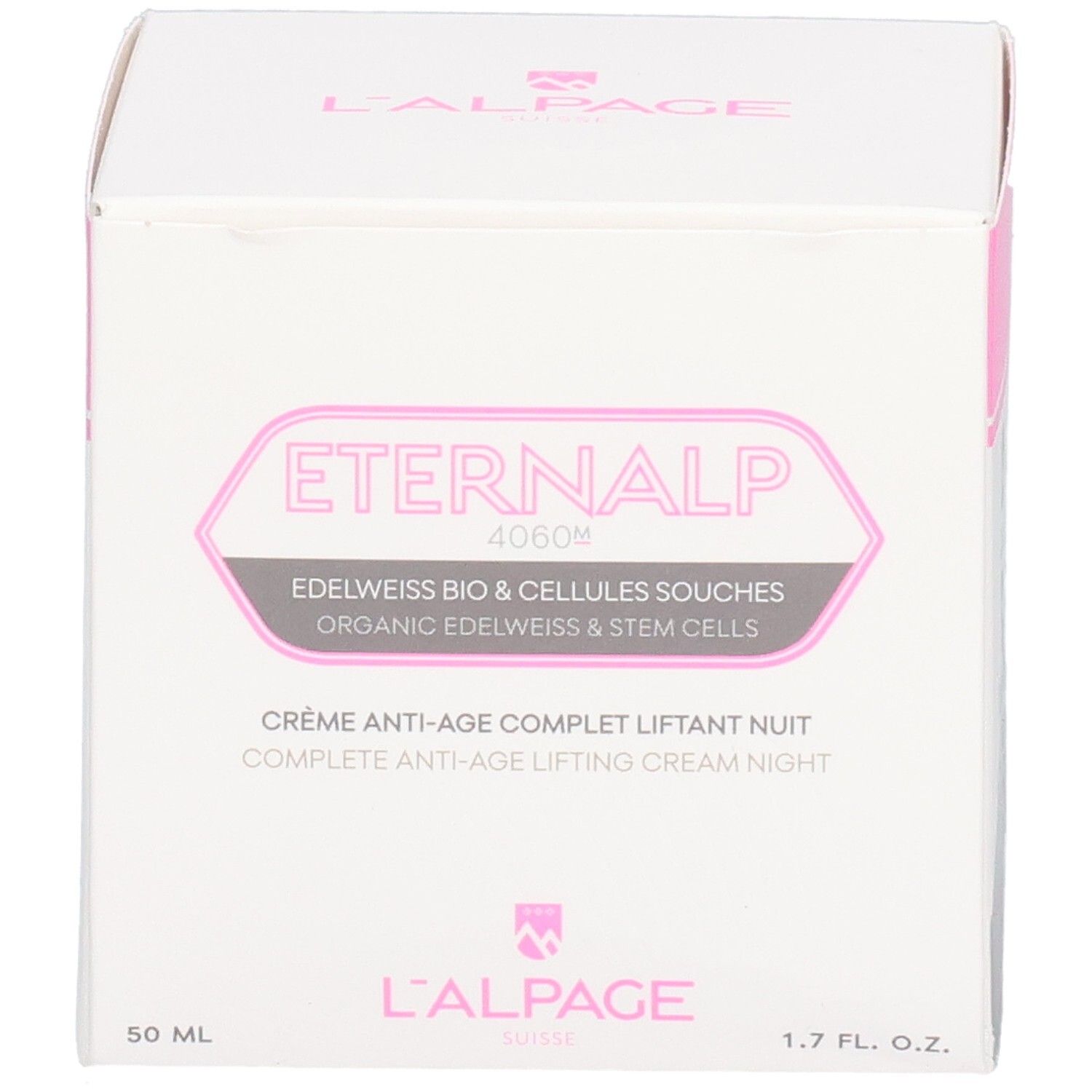 Boîte blanche et rose. Texte: Eternalp 4060m, Crème Anti-Âge Complet Liftant Nuit. L'ALPAGE.