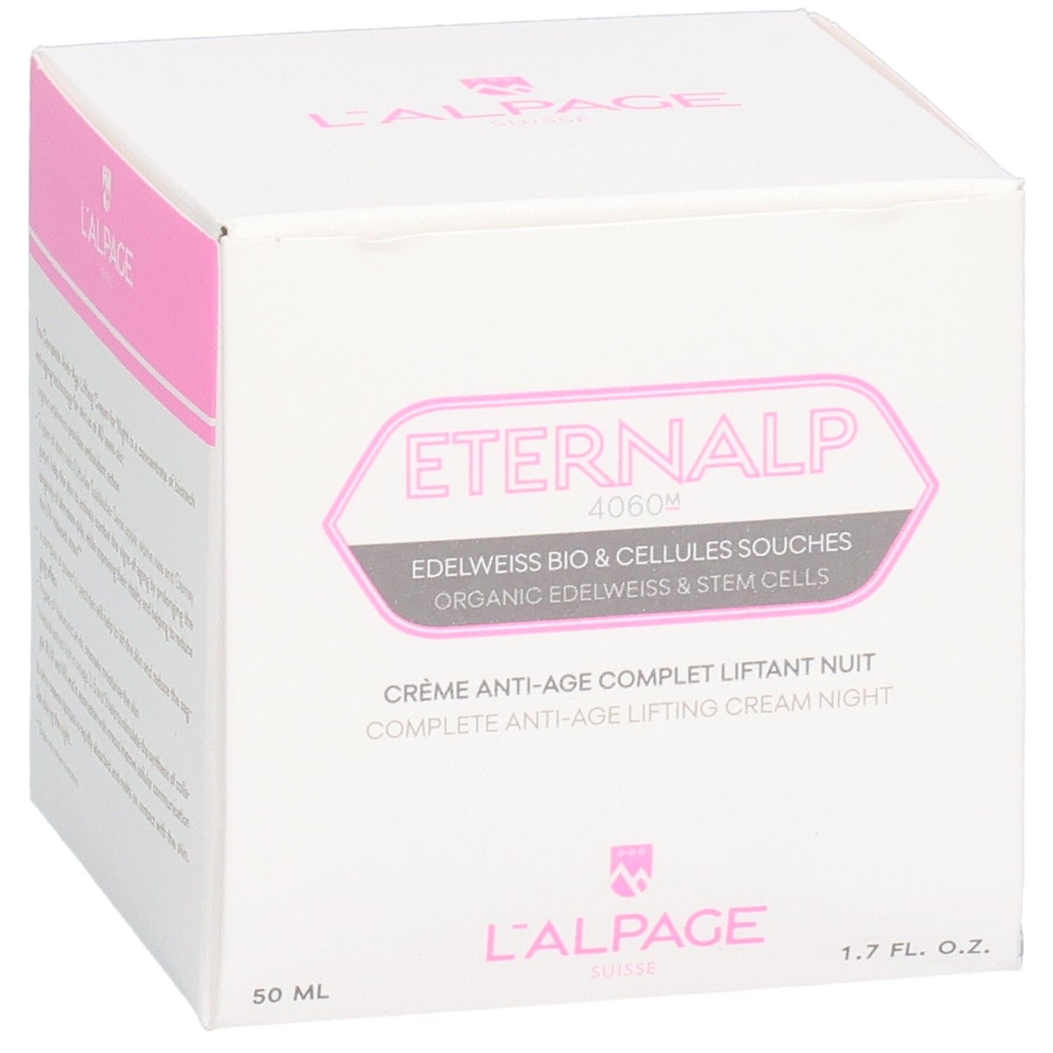 Boîte blanche et rose. Texte: Eternalp 4060m, Crème Anti-Âge Complet Liftant Nuit. L'ALPAGE.