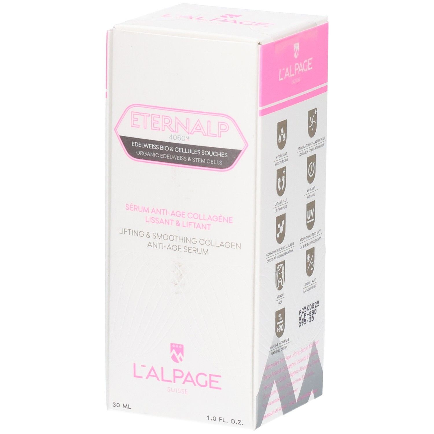 Weißer Karton mit rosa Akzenten. Text: L'ALPAGE Eternalp Serum. Logos und Icons. 30 ml.