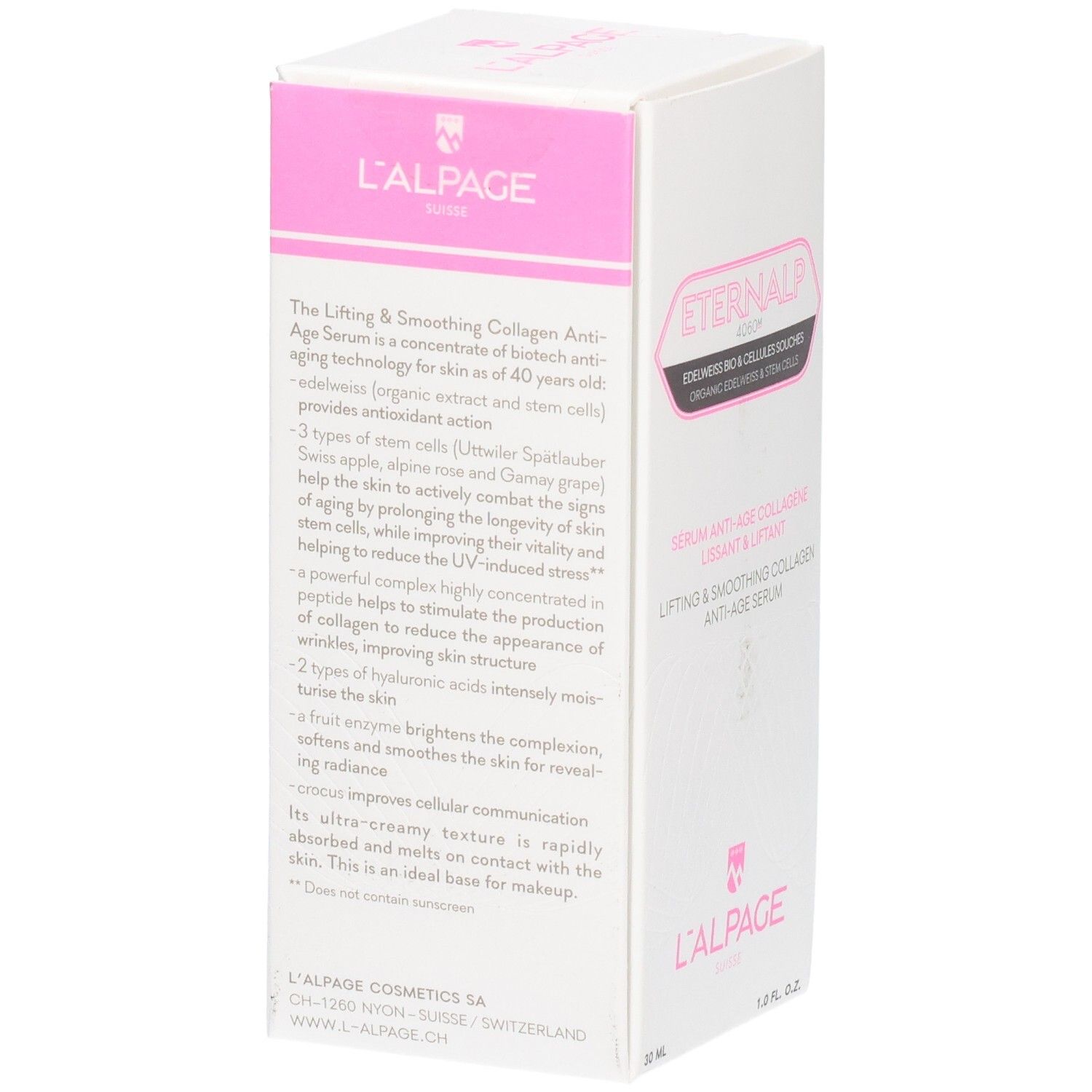 Weißer Karton mit rosa Akzenten. Text: L'ALPAGE Eternalp Serum. Produktbeschreibung. 30 ml.