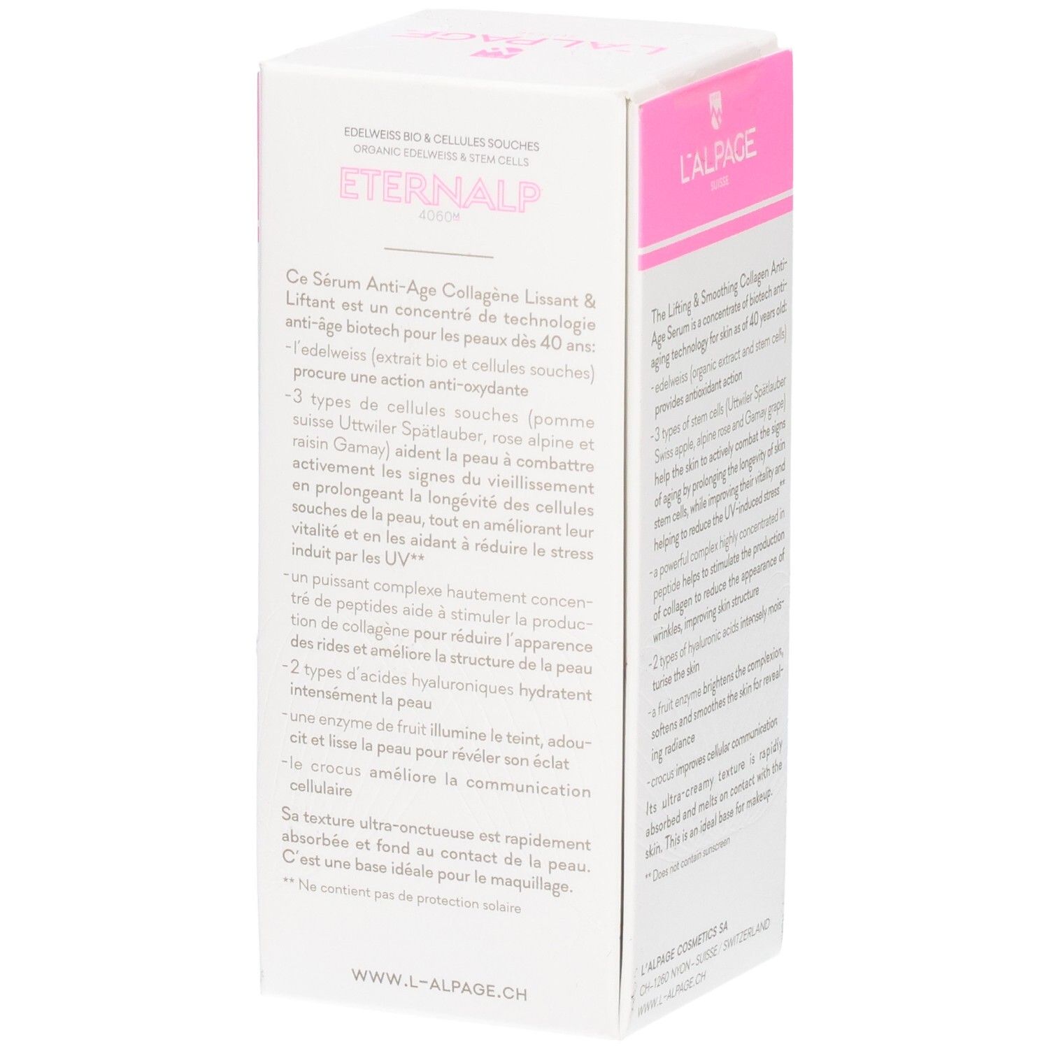 Weißer Karton mit rosa Akzenten. Text: L'ALPAGE Eternalp Serum. Produktbeschreibung. 30 ml.