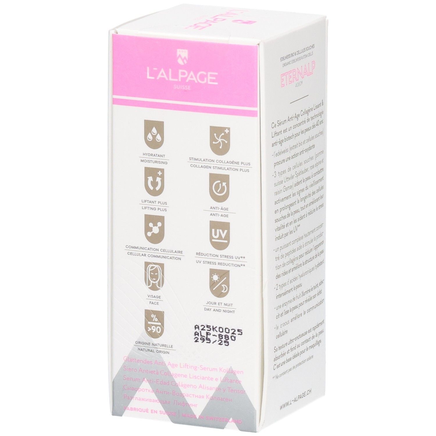 Weißer Karton mit rosa Akzenten. Text: L'ALPAGE Eternalp Serum. Logos und Icons. 30 ml.