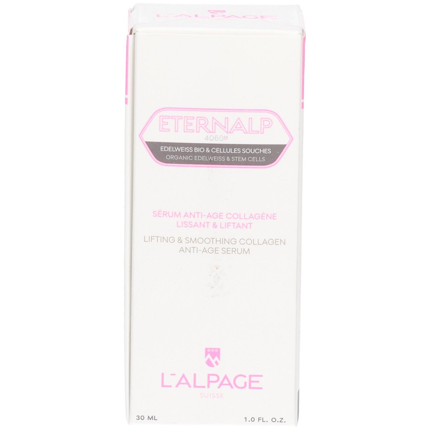 Weißer Karton mit rosa Akzenten. Text: L'ALPAGE Eternalp Serum. Hebe- und Glättungs-Anti-Age-Serum. 30 ml.